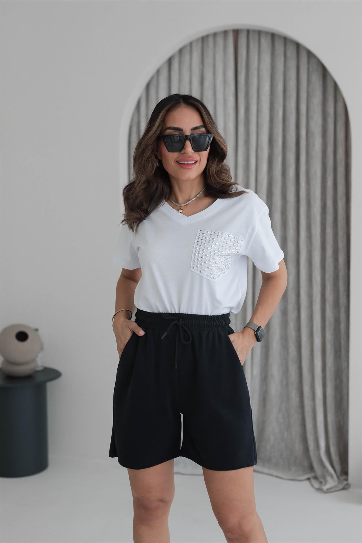 5341 Cep Drop Detaylı V Yaka Tshirt