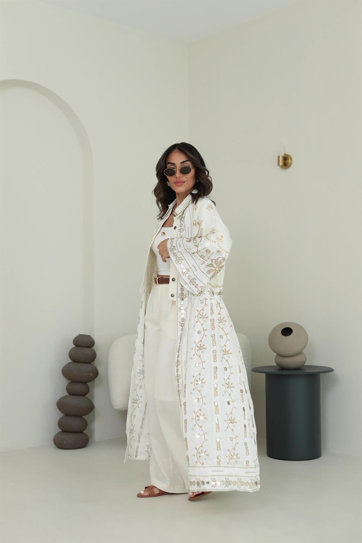 8896 İşlemeli Tasarım Maxi Pamuklu Ceket KREM