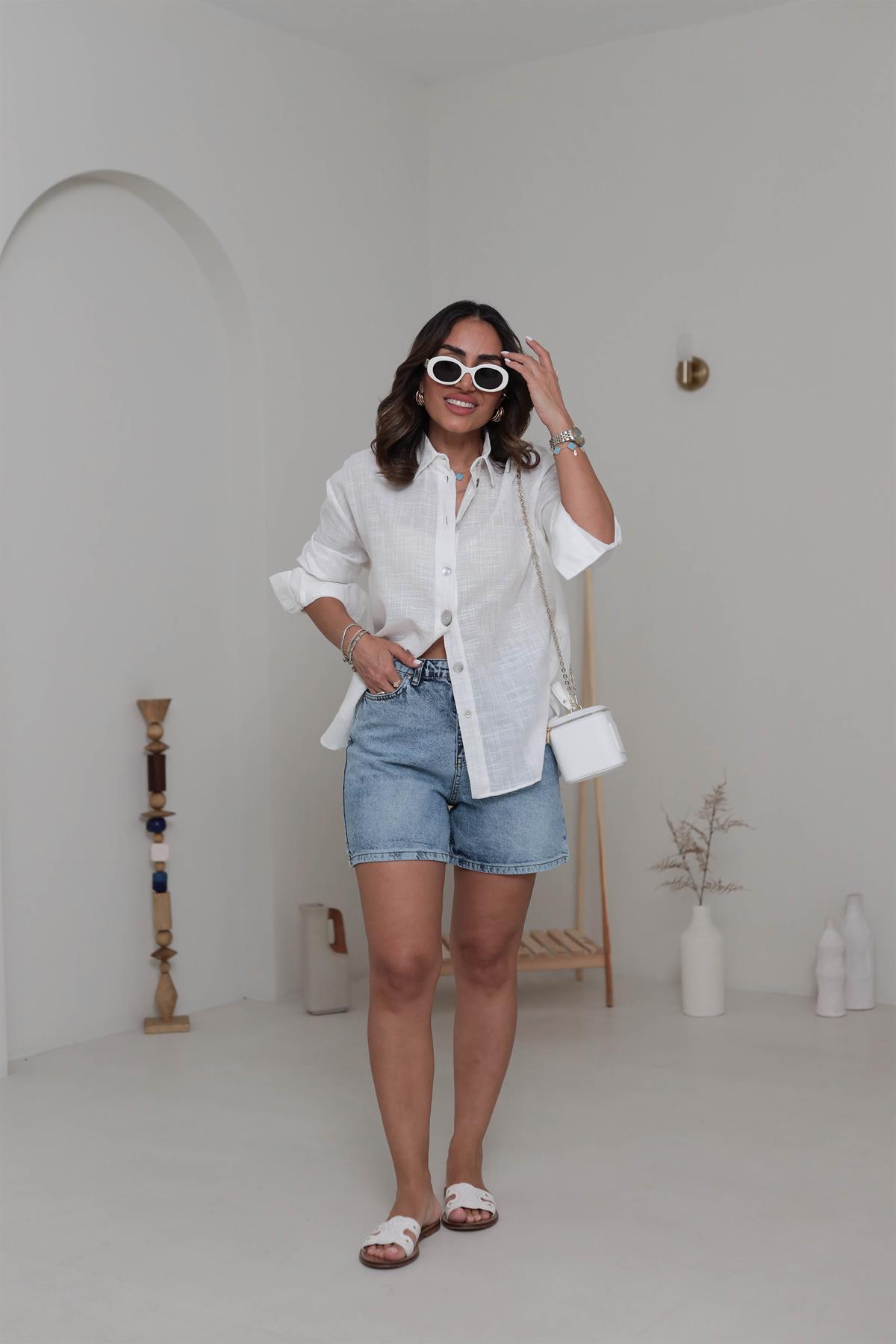 0384 Uzun Kollu Keten Gömlek EKRU