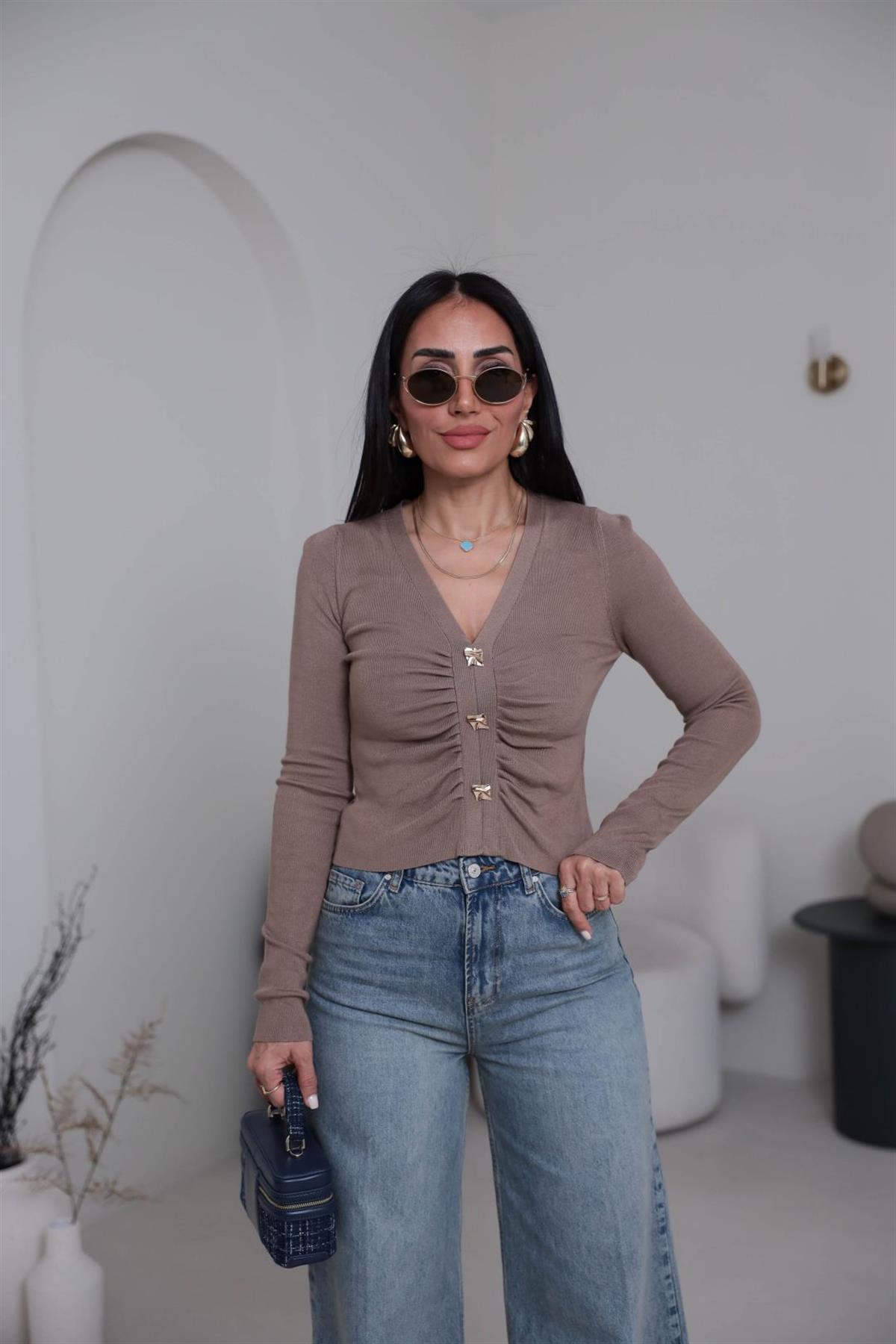 0805 Önü Büzgülü Düğme Detaylı Korsman Triko VİZON