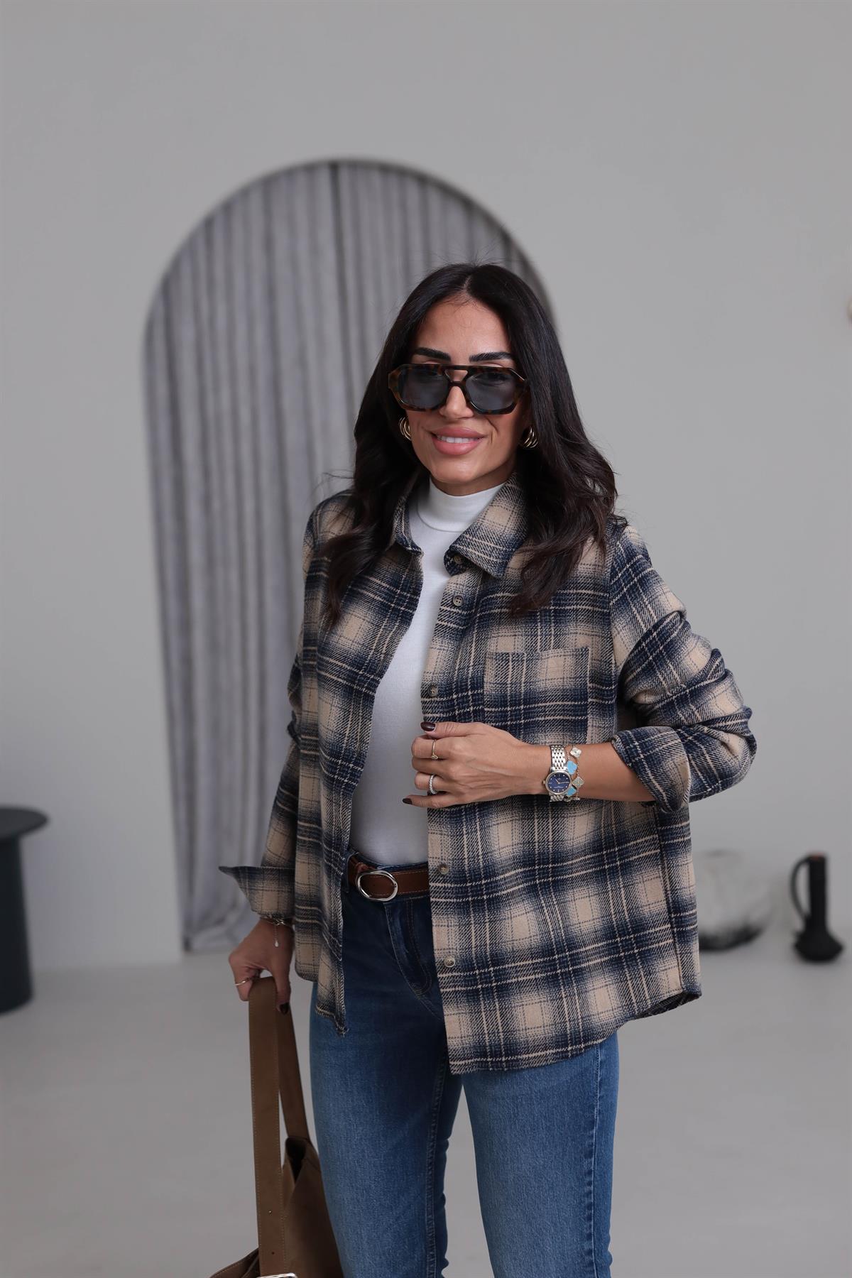 1251 Sırt Yazı Detaylı Oduncu Gömlek BEJ