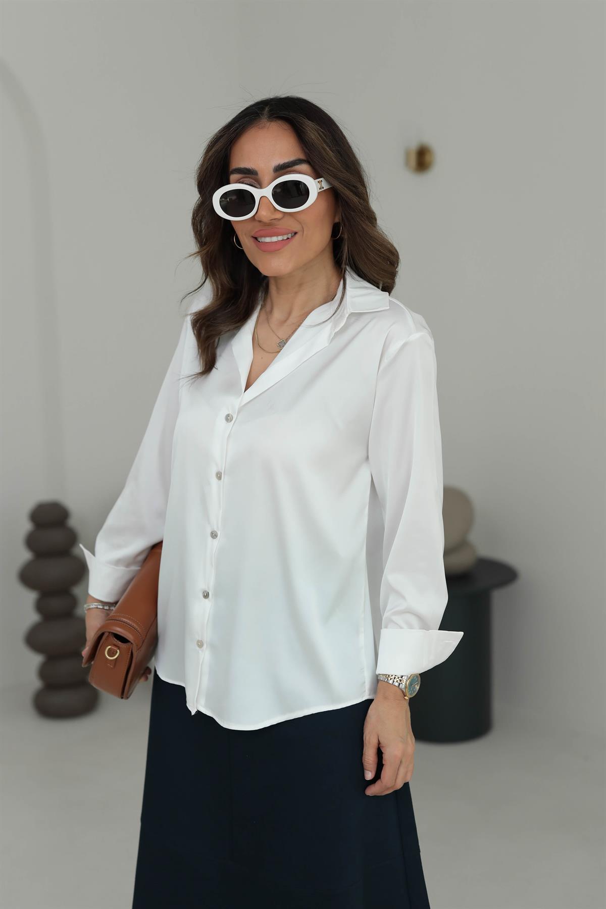 7917 Kolları Manşetli Saten Gömlek EKRU