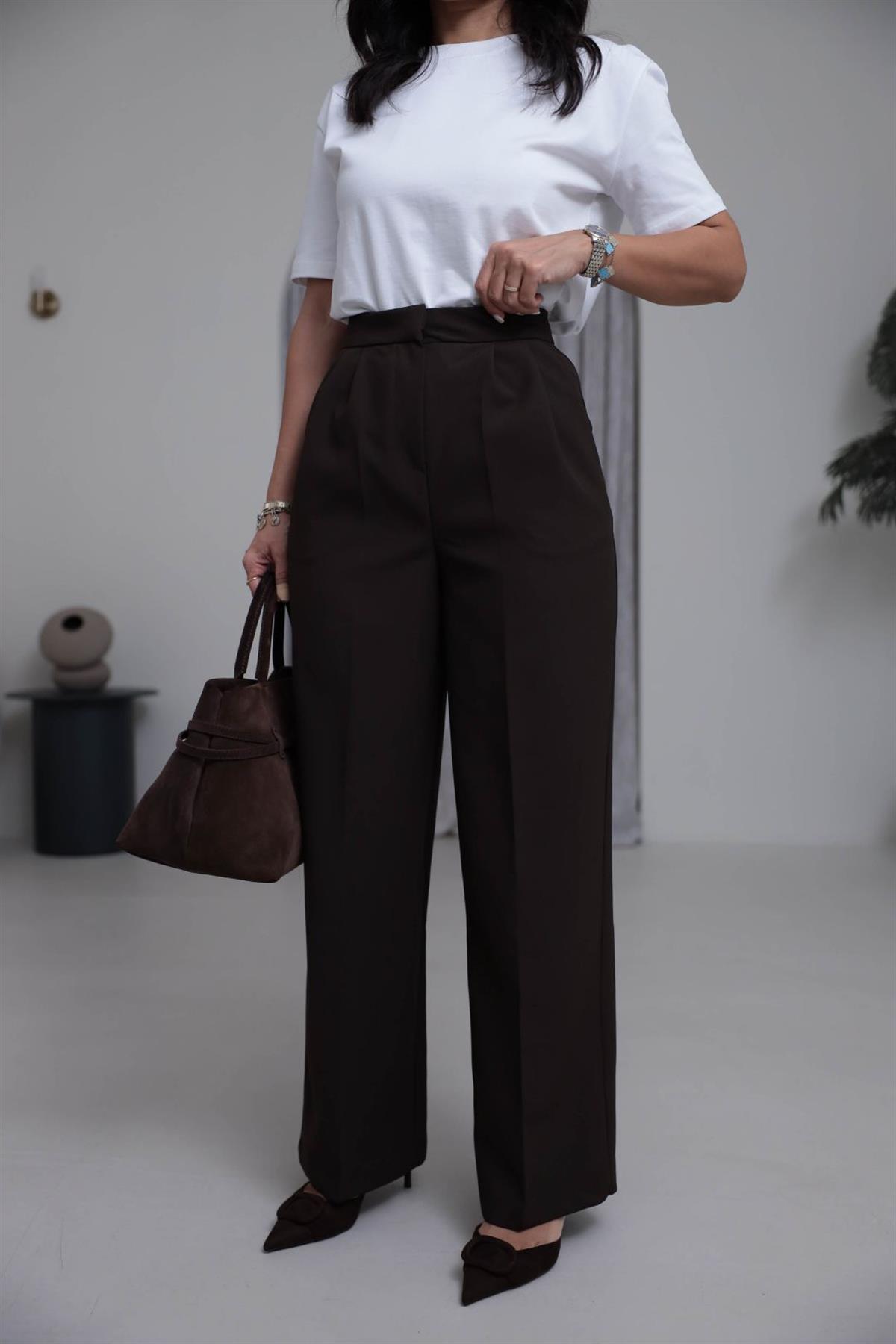 3869 Çift Pilili Kumaş Pantolon KAHVE