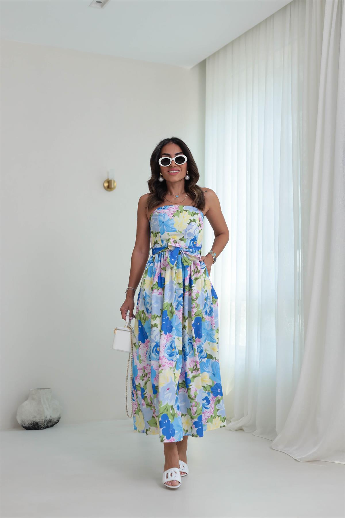 6213 Straplez Sırtı Gipeli Desenli Elbise MAVİ