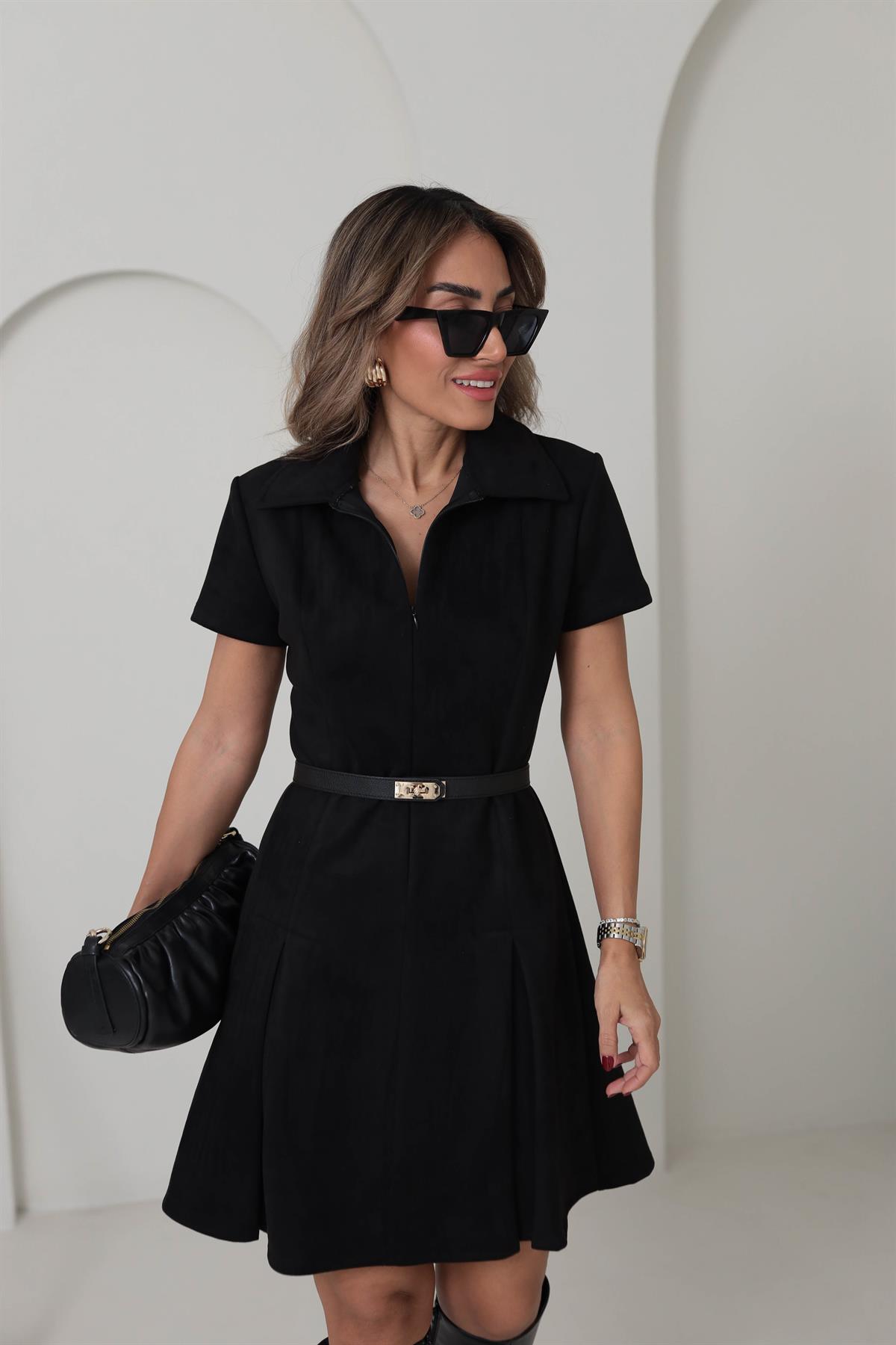 8378 Polo Yaka Önden Fermuarlı Eteği Piliseli Nubuk Elbise SİYAH