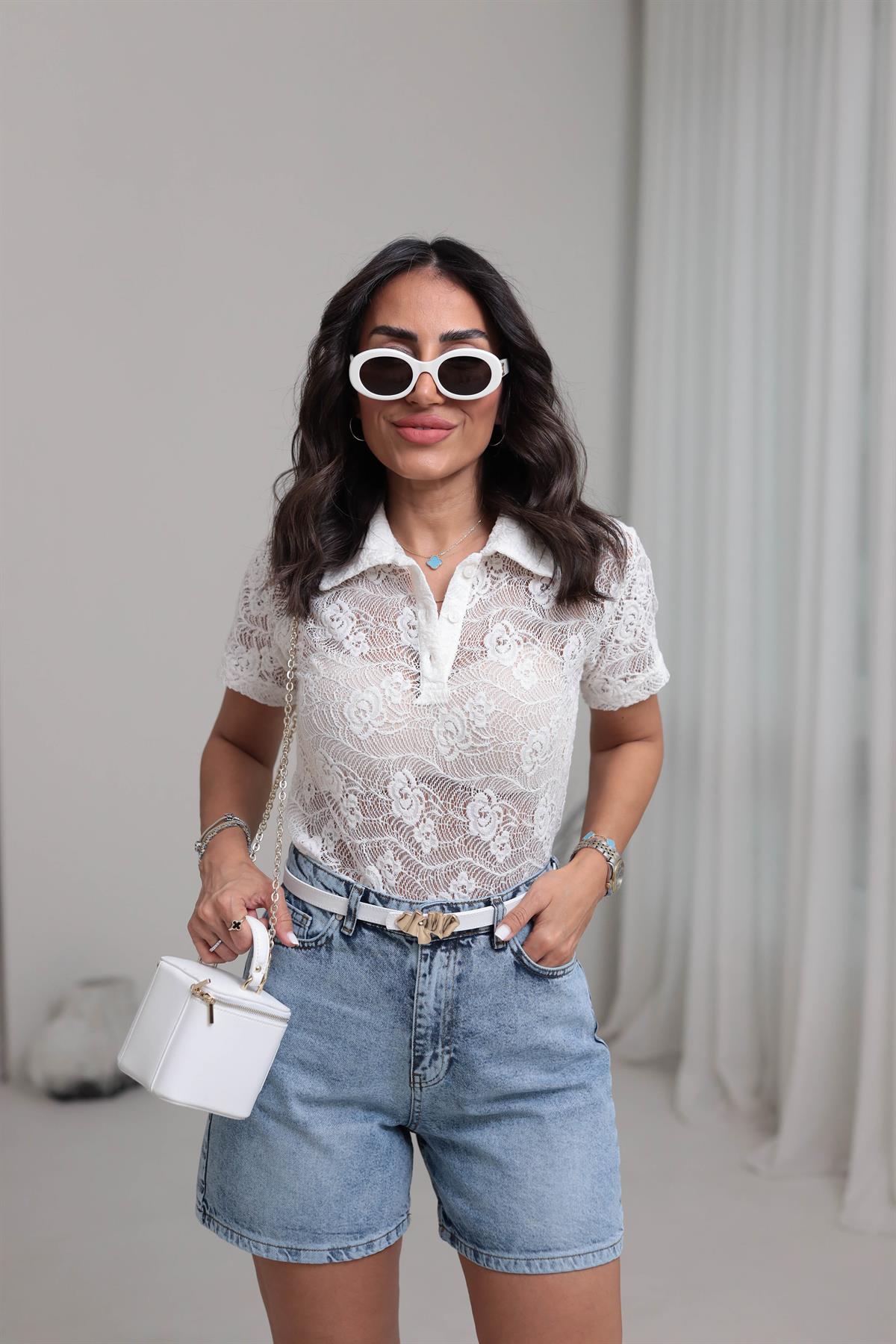 9964 Polo Yaka Dantel Bluz EKRU