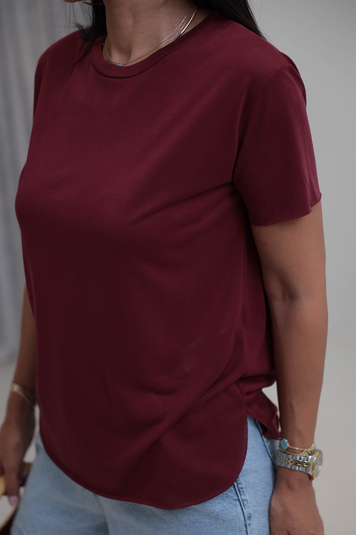 1020 Oys Lazer Kesikli Modal Tshirt BORDO