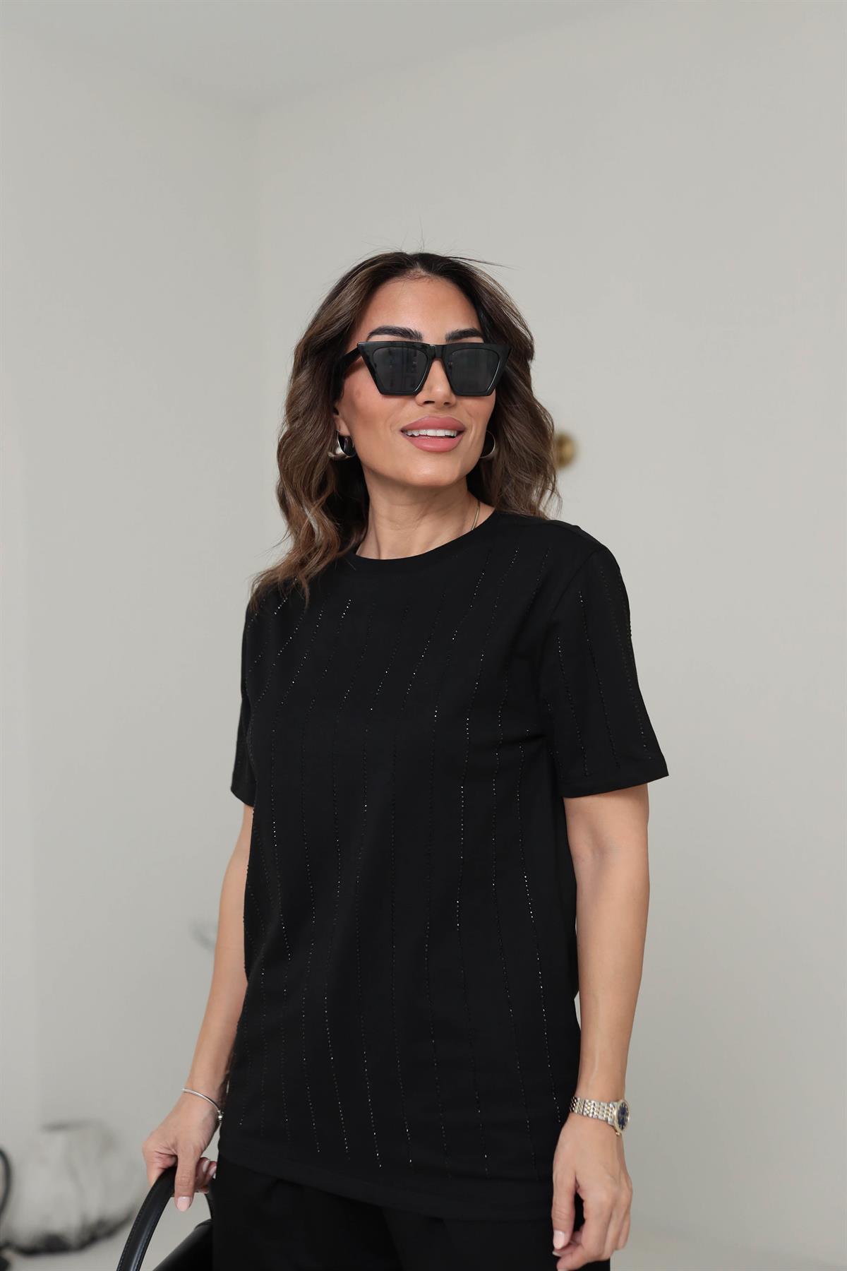 7103 Şerit Taşlı Pamuklu Tshirt SİYAH