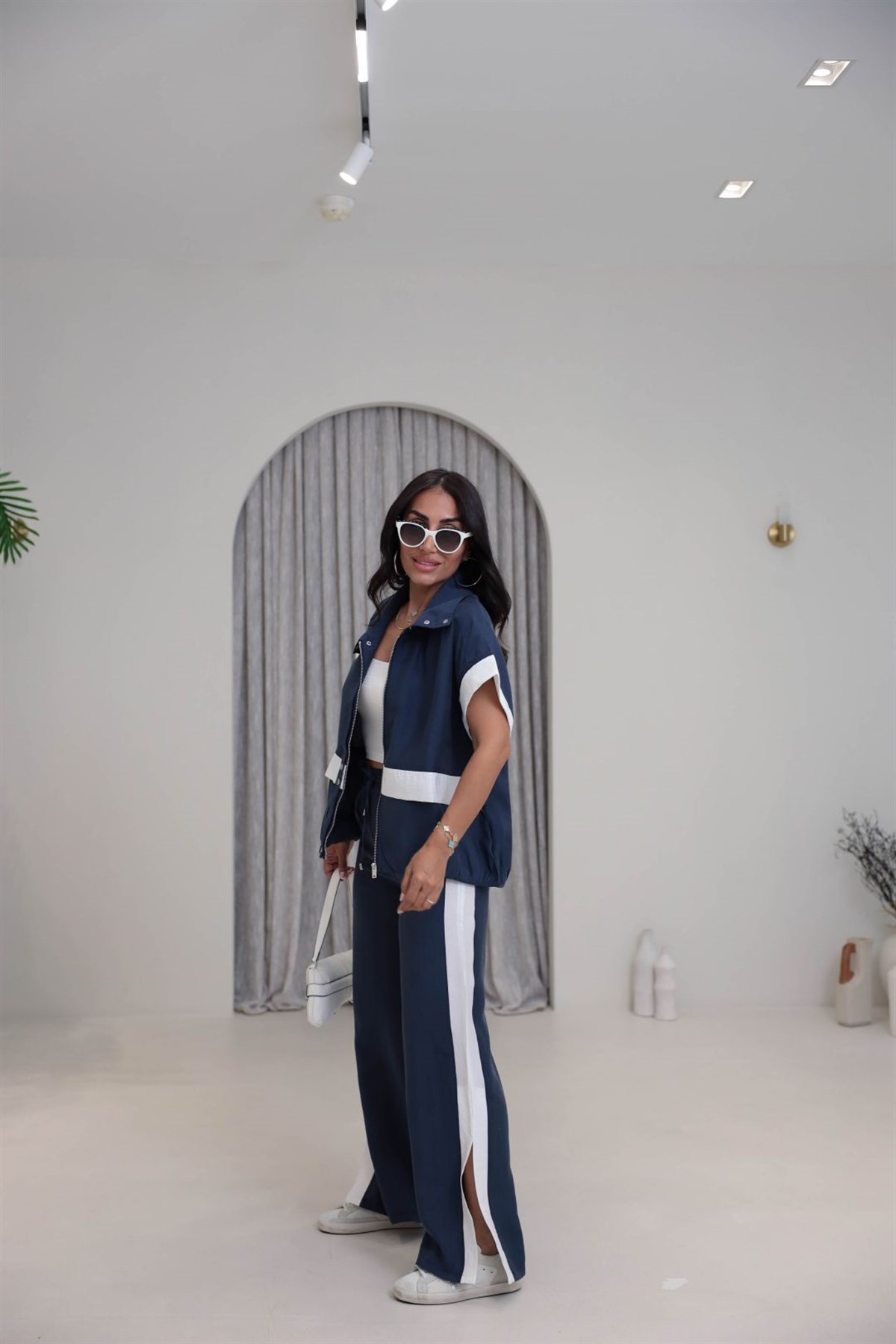 7519 Garni Detaylı Tencel Kumaş Takım LACİVERT