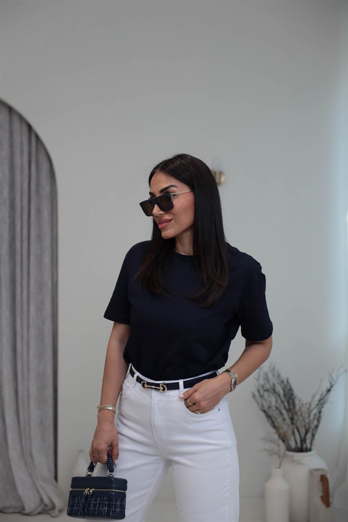 0312 Dekoratif Dikişli Pamuklu Tshirt LACİVERT