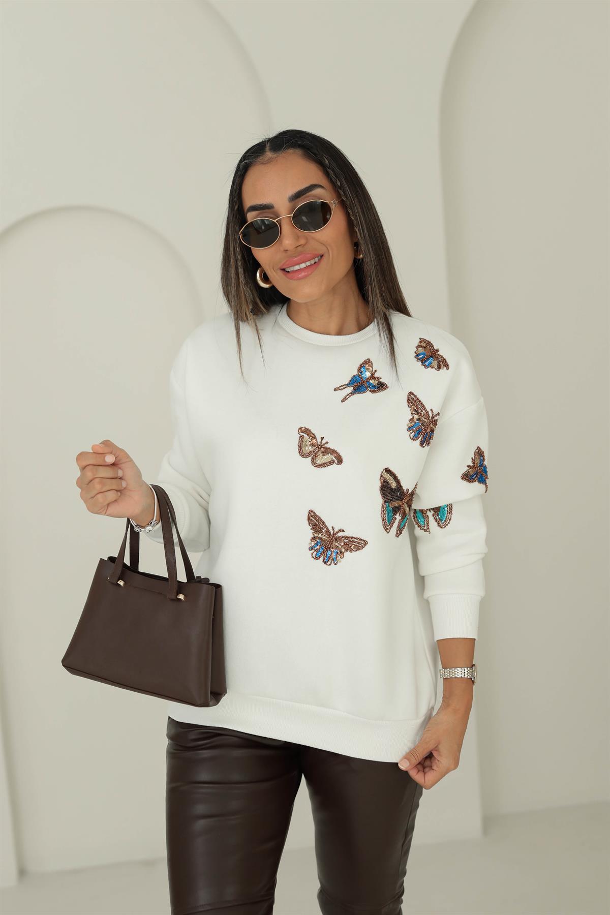 6542 Pullu Kelebek İşlemeli Şardonlu Sweatshirt EKRU