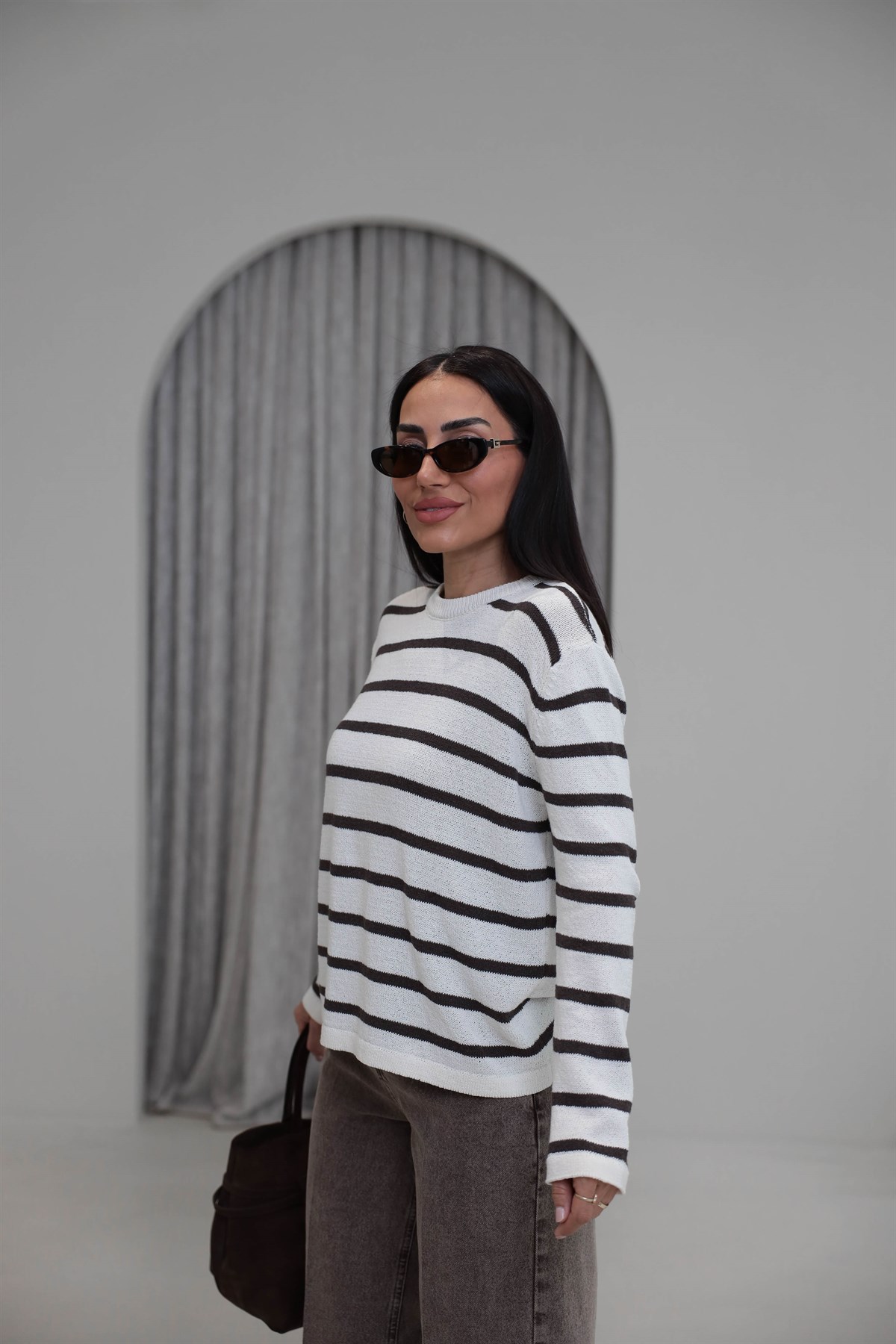 1032 Çizgili Triko Bluz EKRU