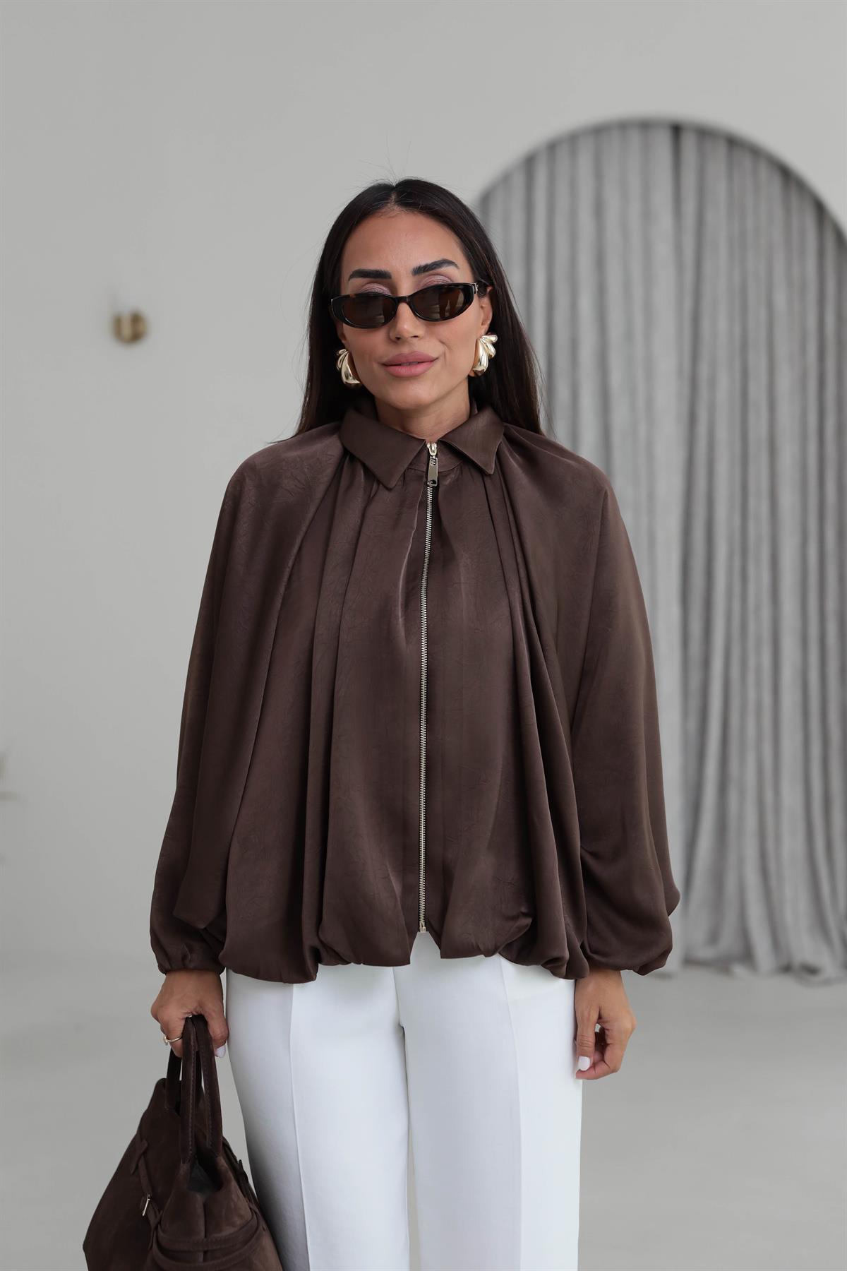 9584 Kendinden Desenli Saten Bomber Ceket KAHVE