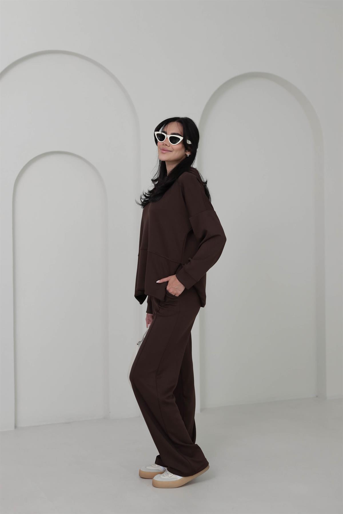 2130 Kapşonlu Uzun Kol Modal Penye Takım KAHVE