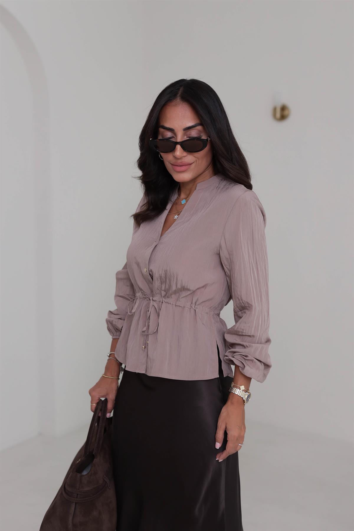 0979 Bel Büzgülü Kol Lastikli Gömlek KAHVE