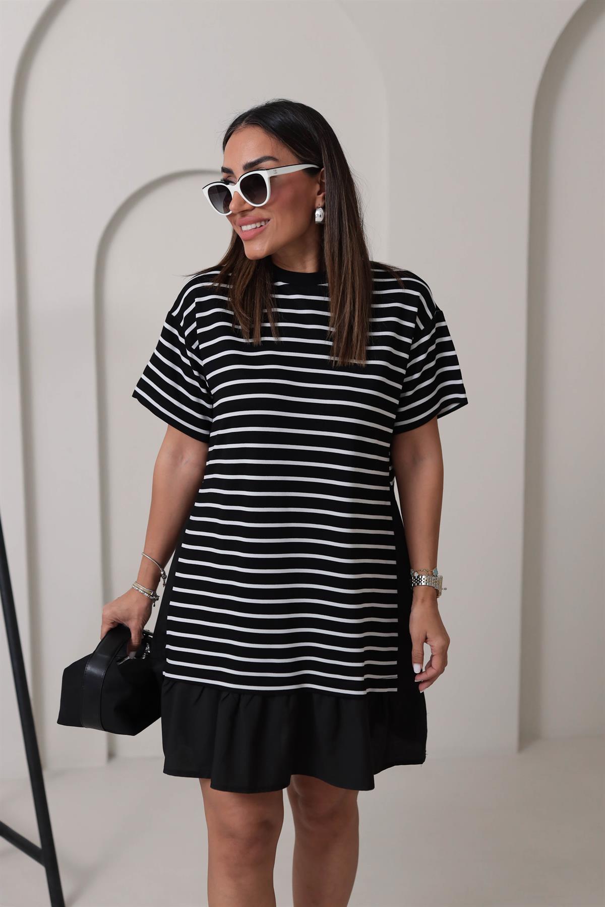 6476 Çizgili Altı Fırfırlı Elbise SİYAH