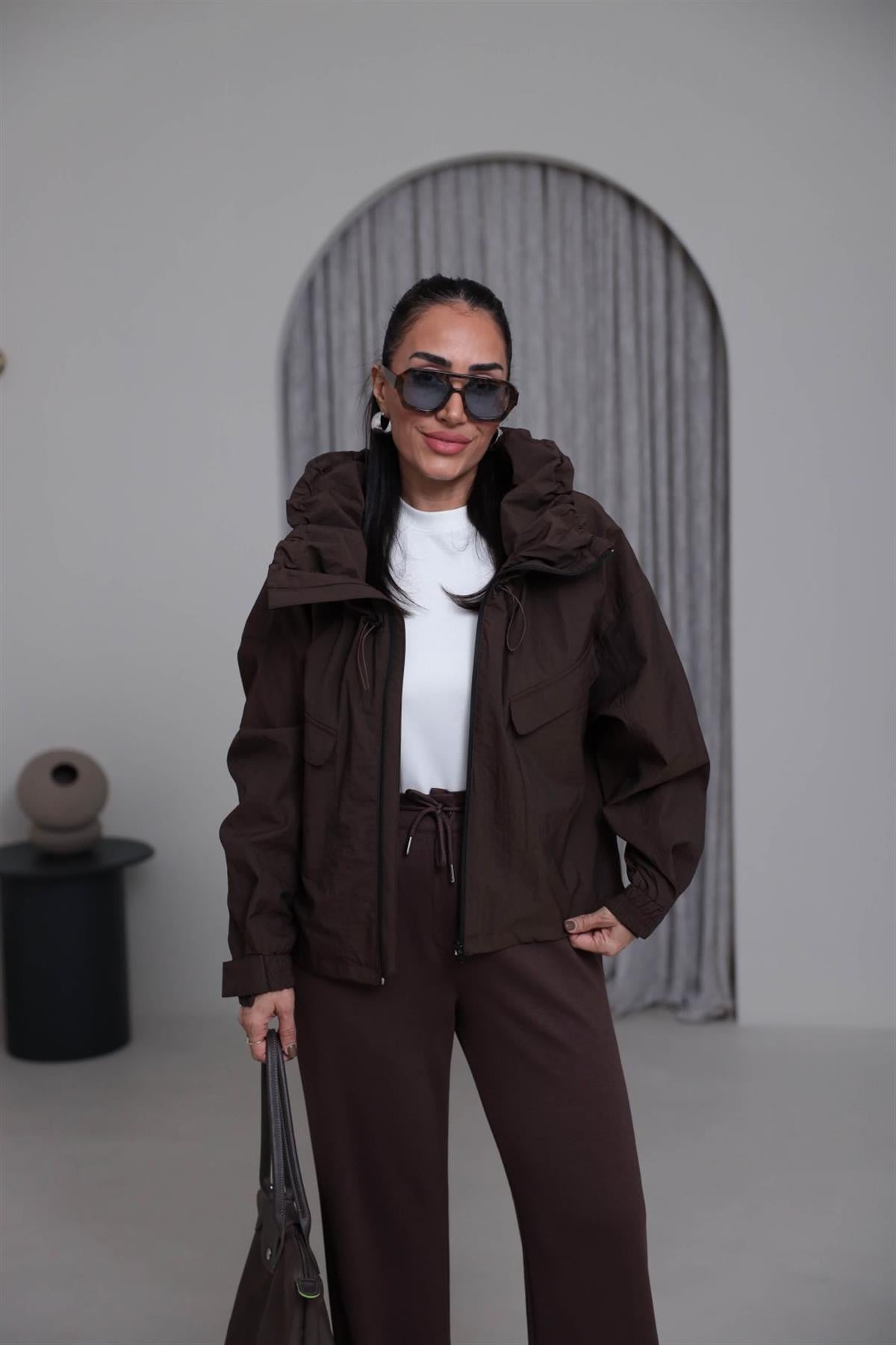 7077 Yaka Büzgülü Önden Fermuarlı Bomber ACI KAHVE