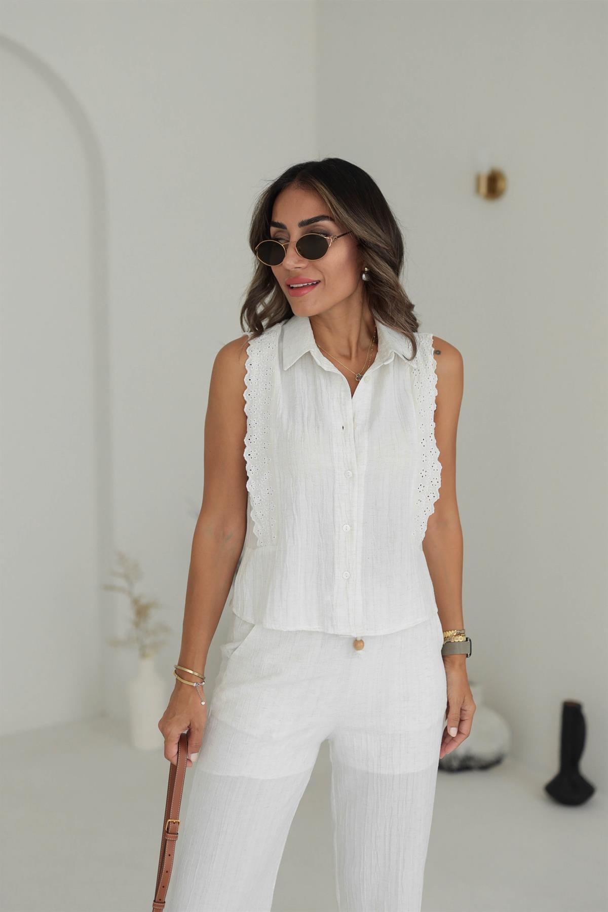 2239 Sıfır Kol Fisto Detaylı Gömlekli Pantolon Takım