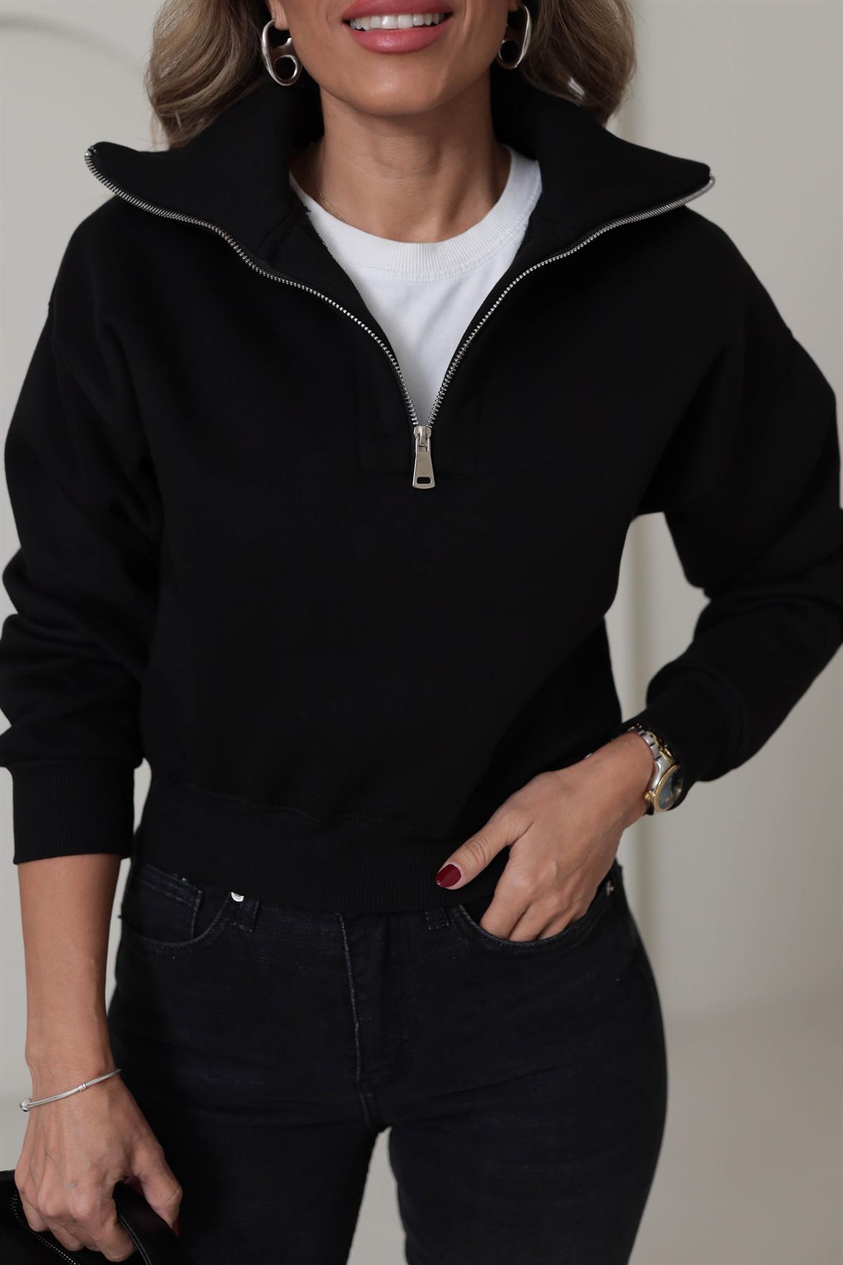 132 Fermuar Detaylı Crop Sweatshirt SİYAH