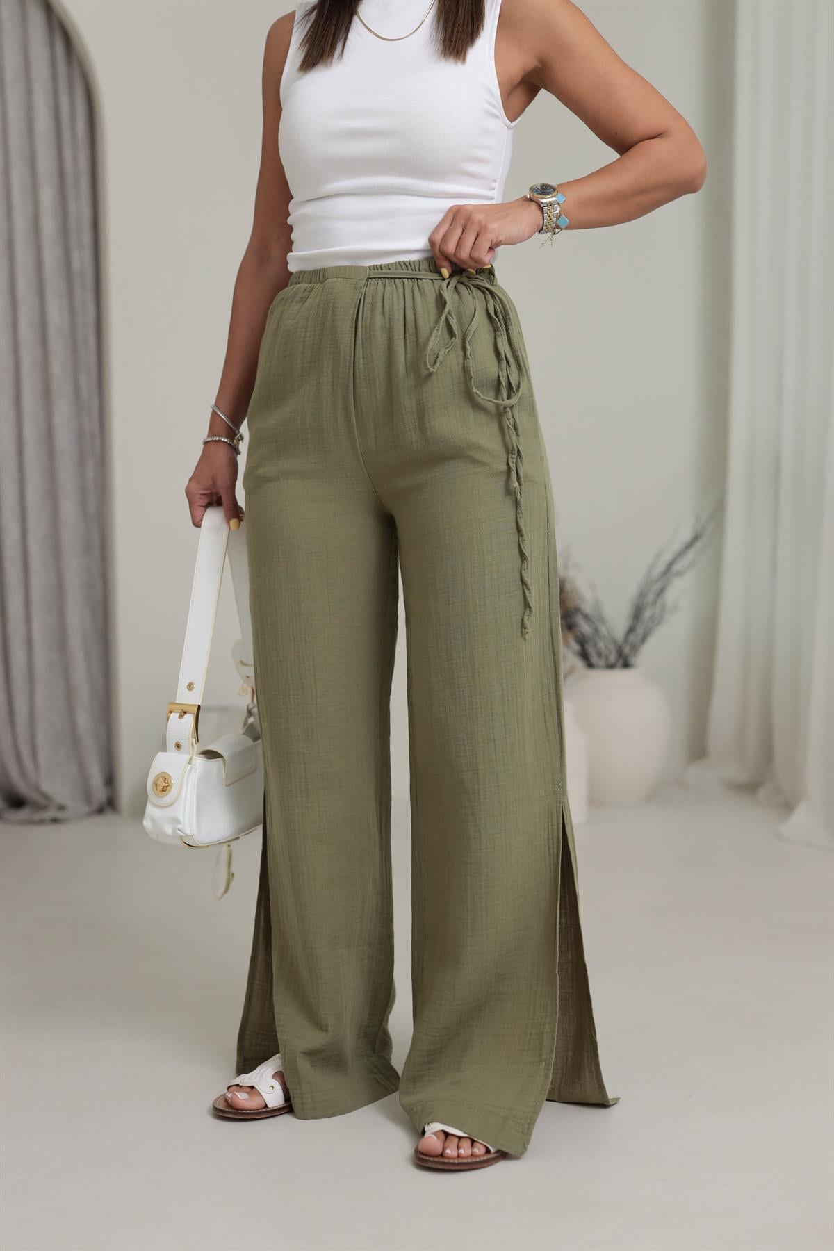 8028 Paça Yırtmaçlı Müslin Pantolon YEŞİL
