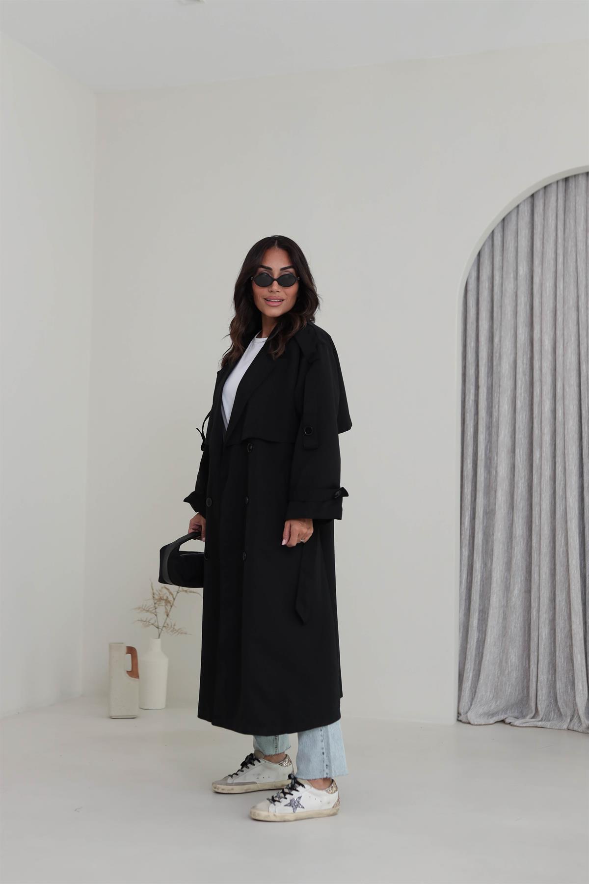 2020 Apoletli Kuşaklı Uzun Trençkot SİYAH