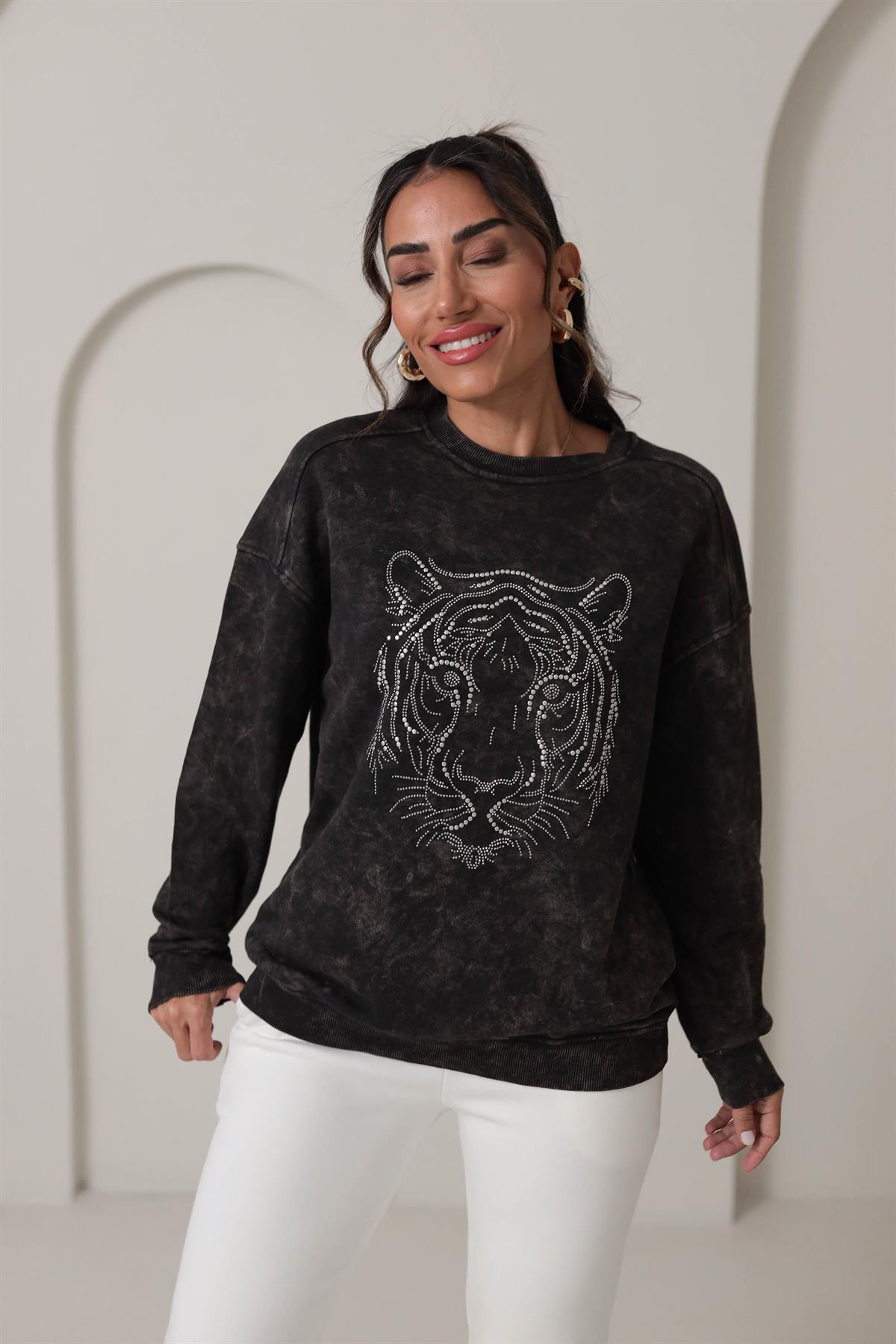 5536 Kaplan Figürlü Taş İşlemeli Sweatshirt ANTRASİT