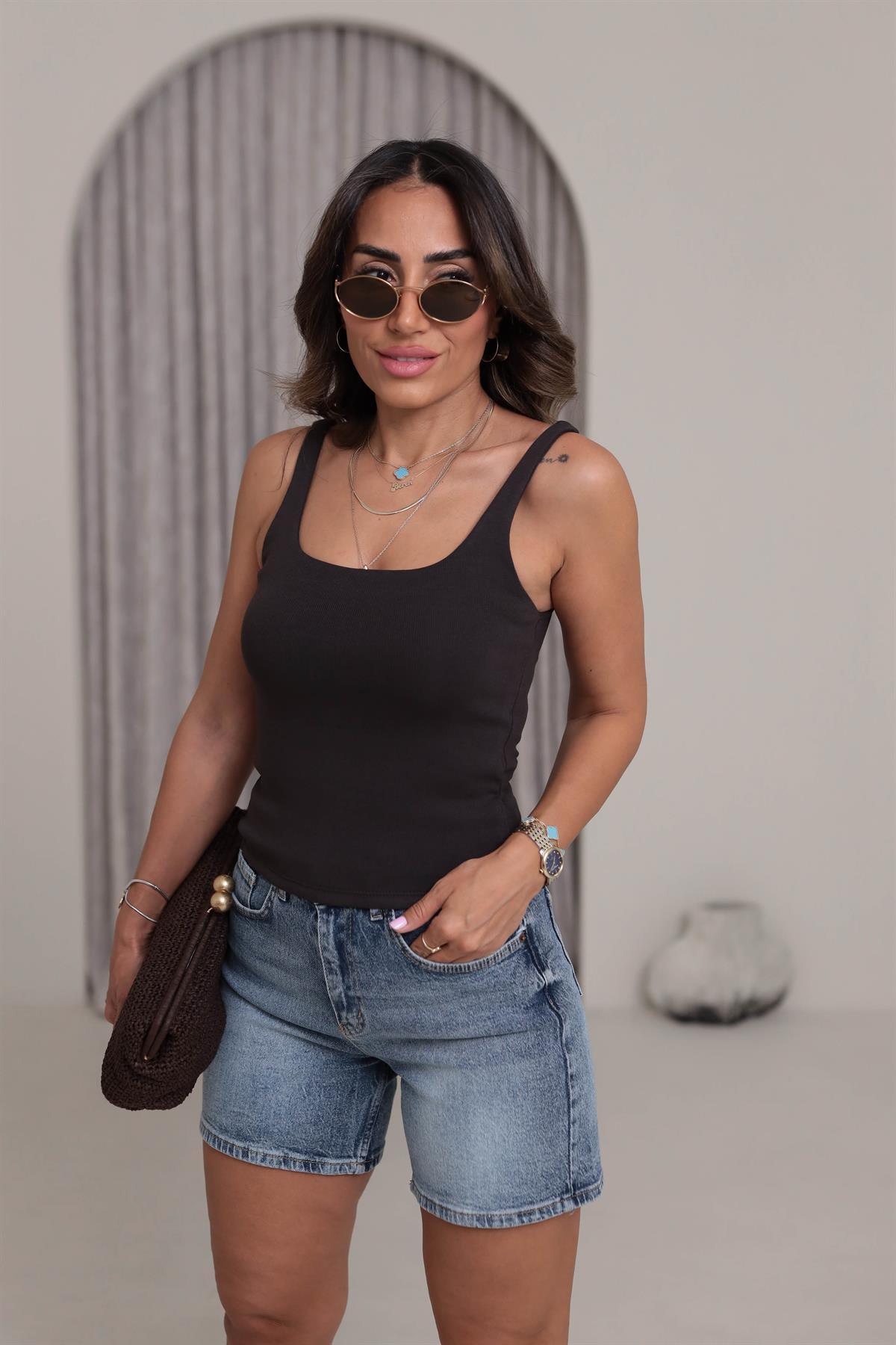 1057 Önü Çift Kat Pamuklu Askılı Atlet KAHVE