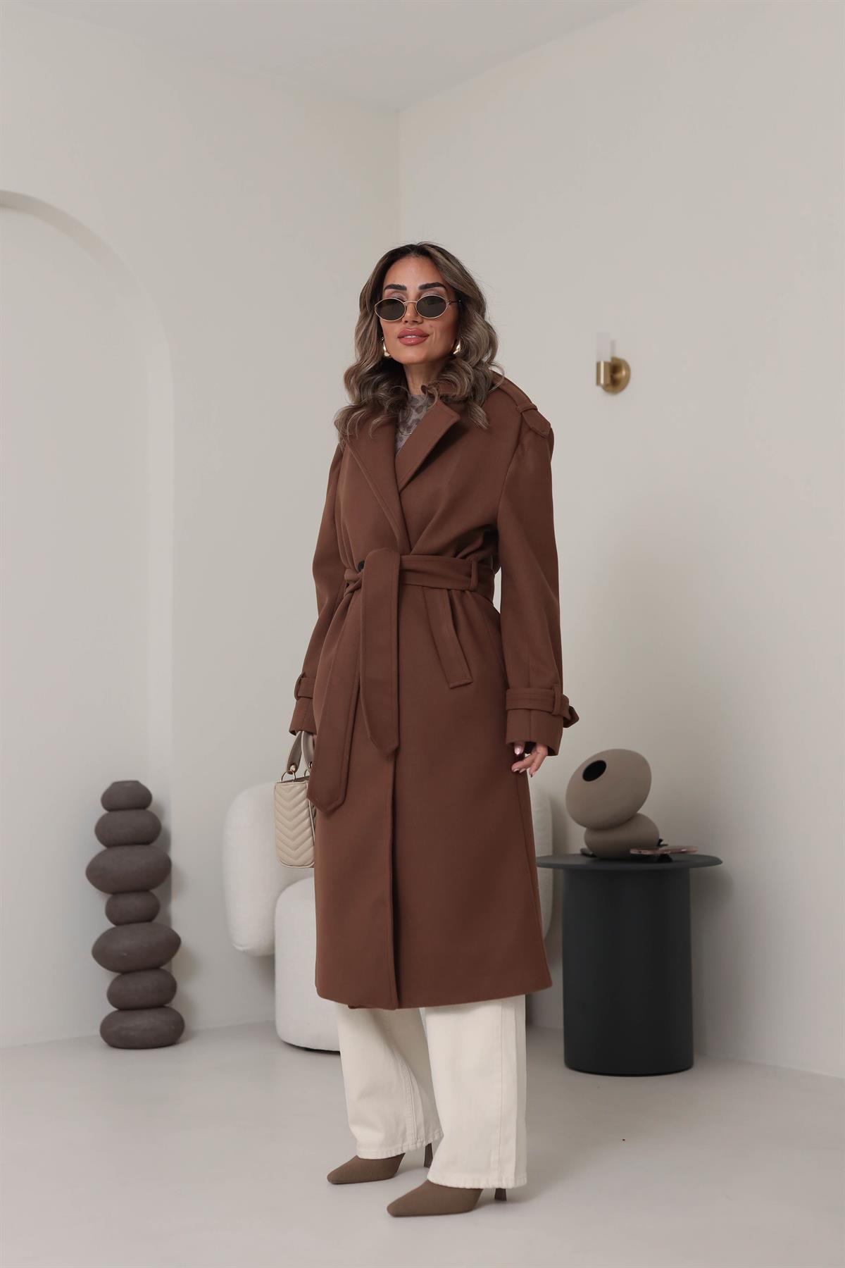 9377 Düğmeli Apoletli Kaşe Kaban KAHVE