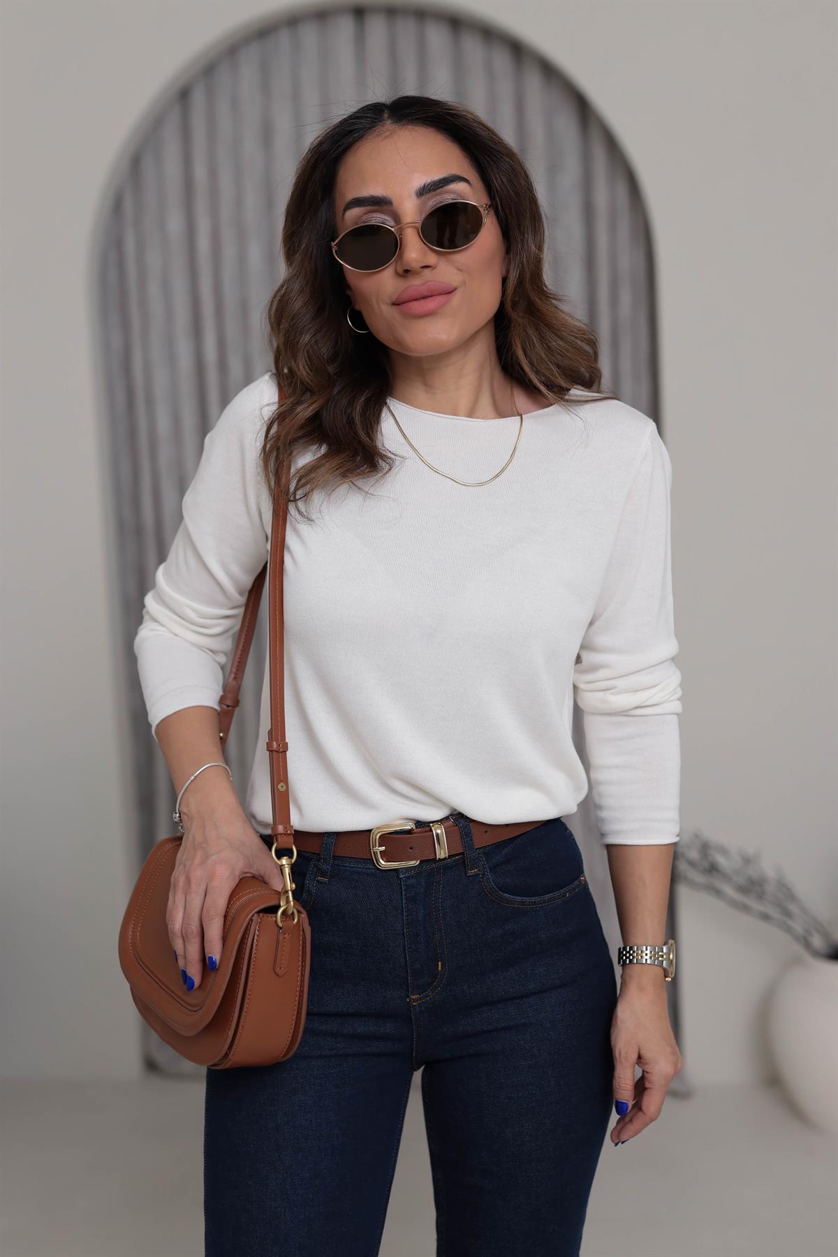 1061 Açık Yaka Uzun Kol İnce Triko EKRU