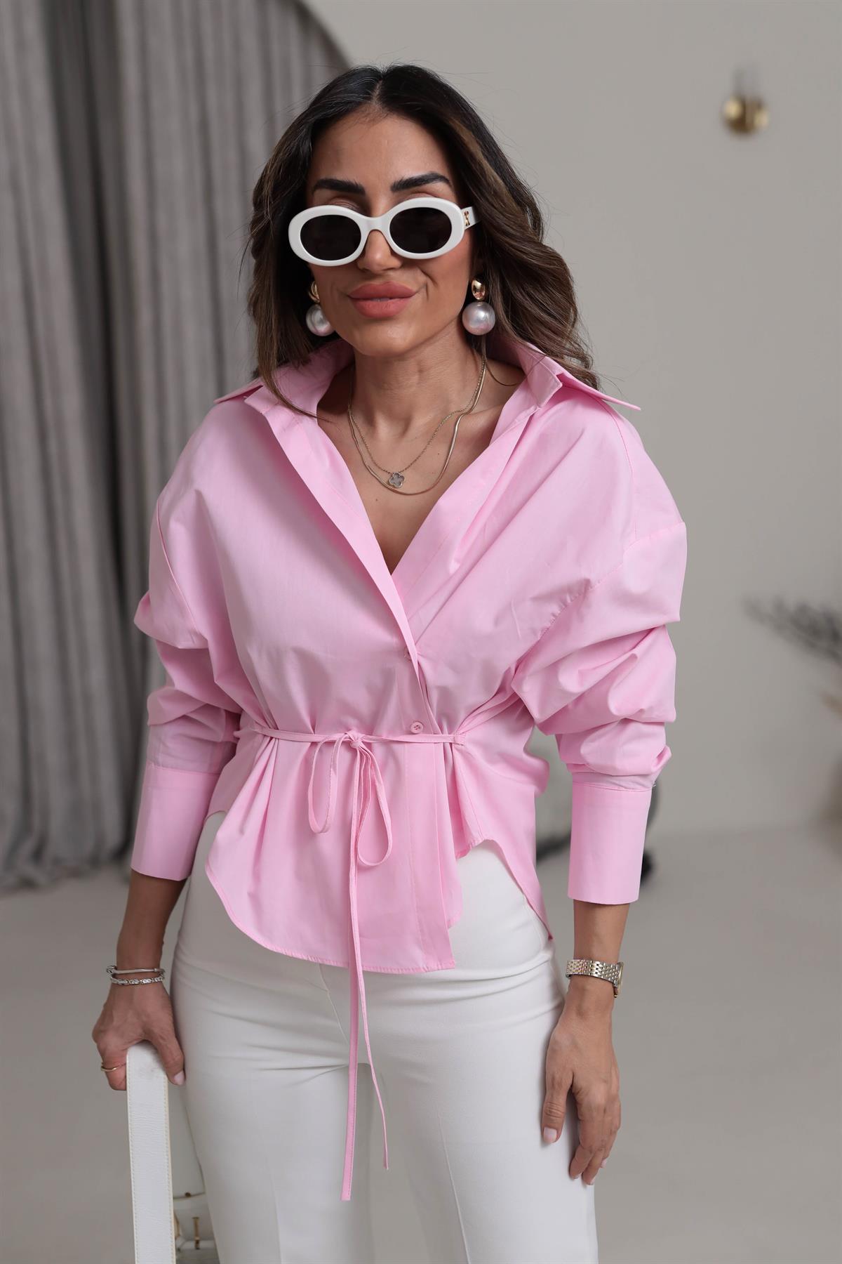 Bel Bağlama Detaylı Oversize Poplin Gömlek PEMBE