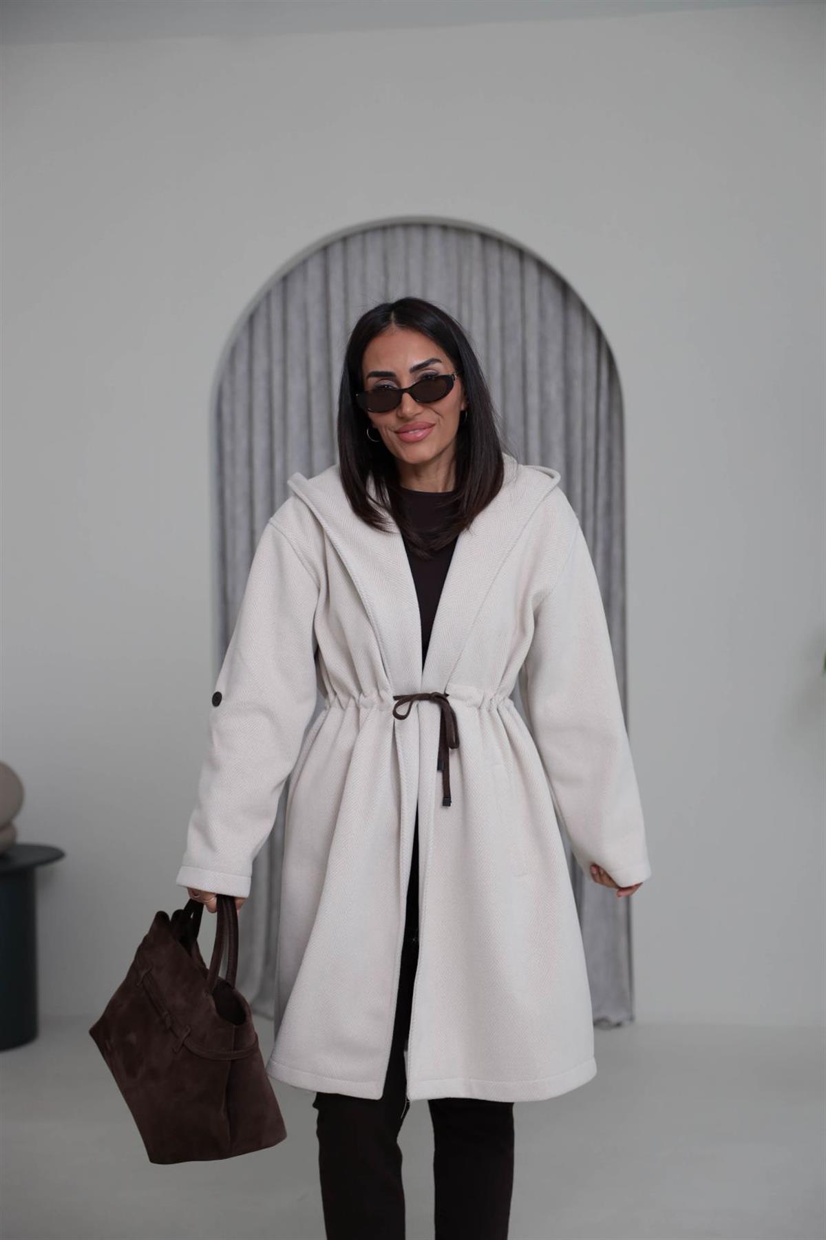 9852 Kapşonlu Balıksırtı Desen Kaban TAŞ