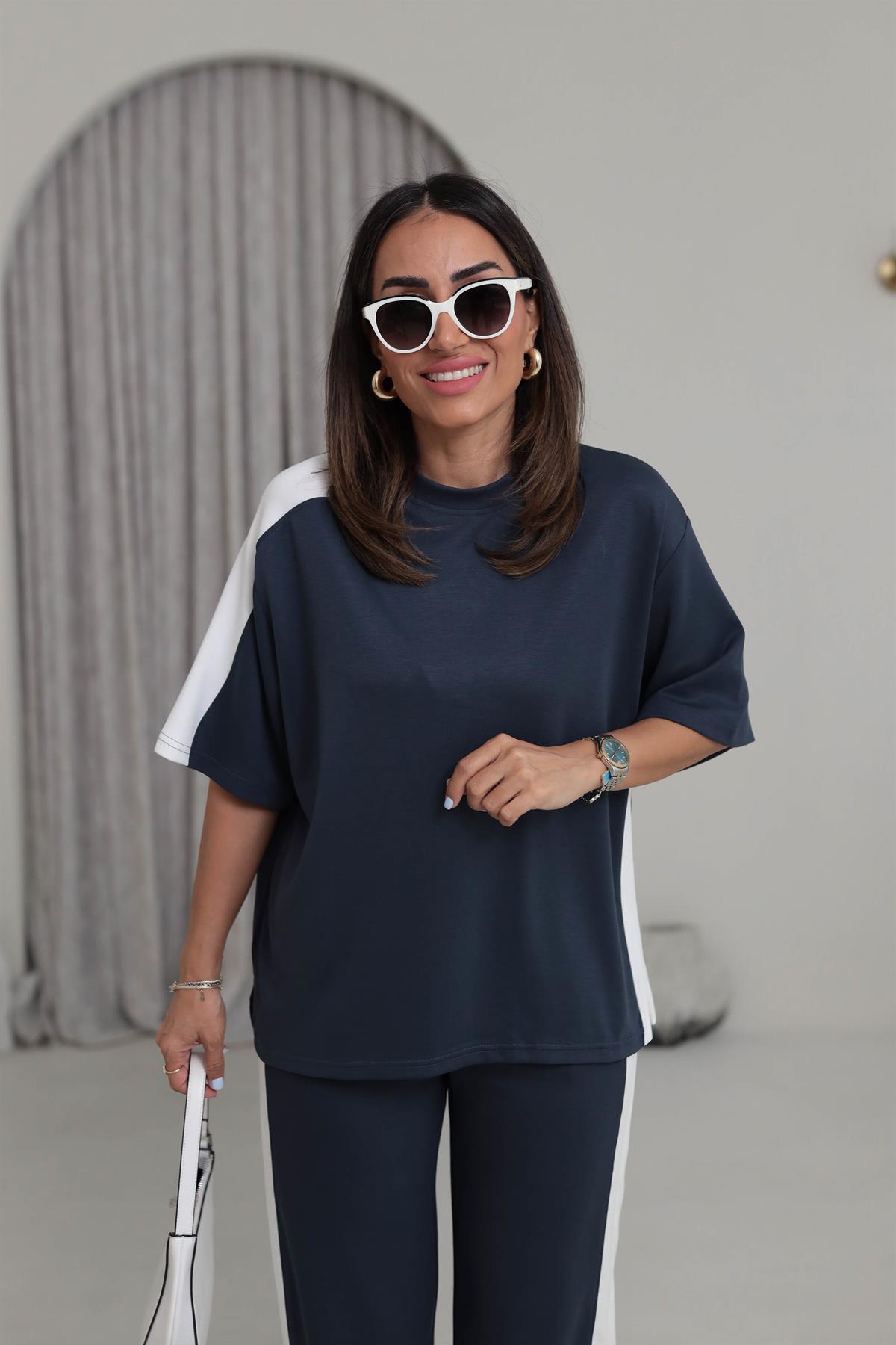 3417 Kontrastlı Paça Yırtmaçlı Rahat Modal Takım ANTRASİT