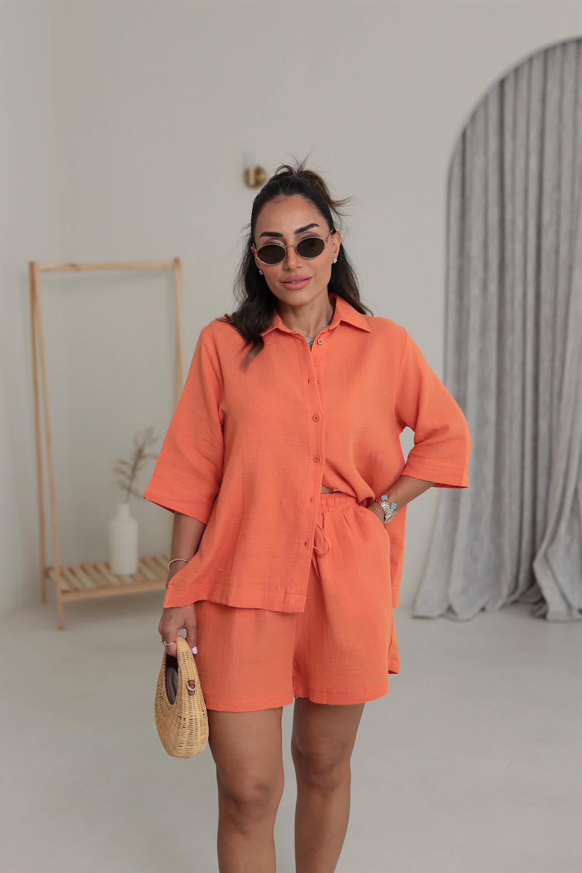 0427 Müslin Kumaş Gömlek Şort Takım TURUNCU