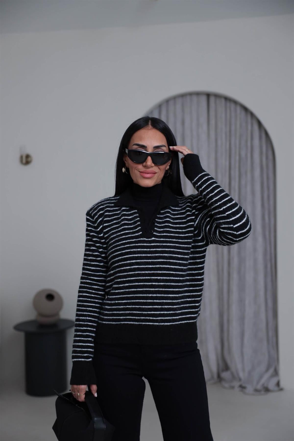 4968 Polo Yaka Yarım Düğmeli Çizgili Kazak SİYAH