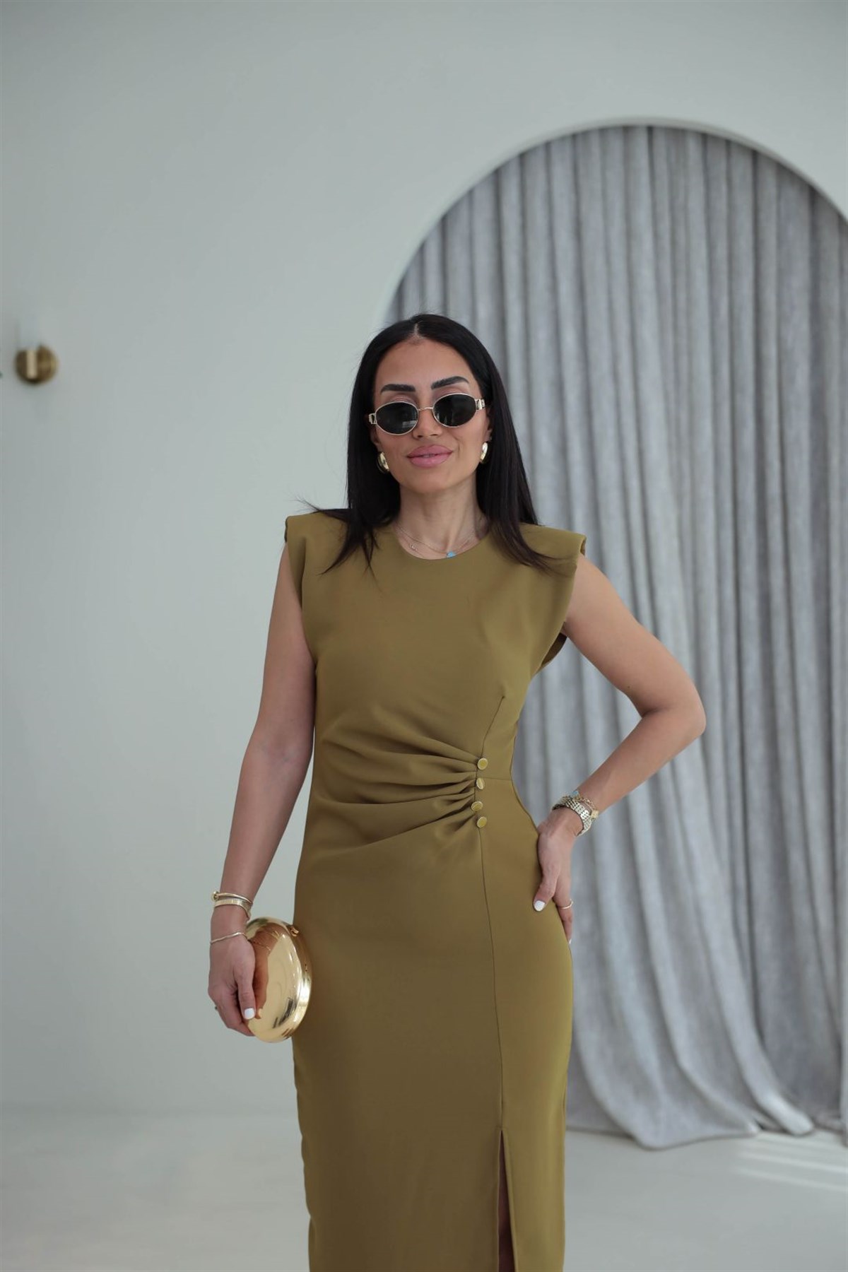 3870 Sıfır Kol Vatkalı Drapeli Elbise OLİVE