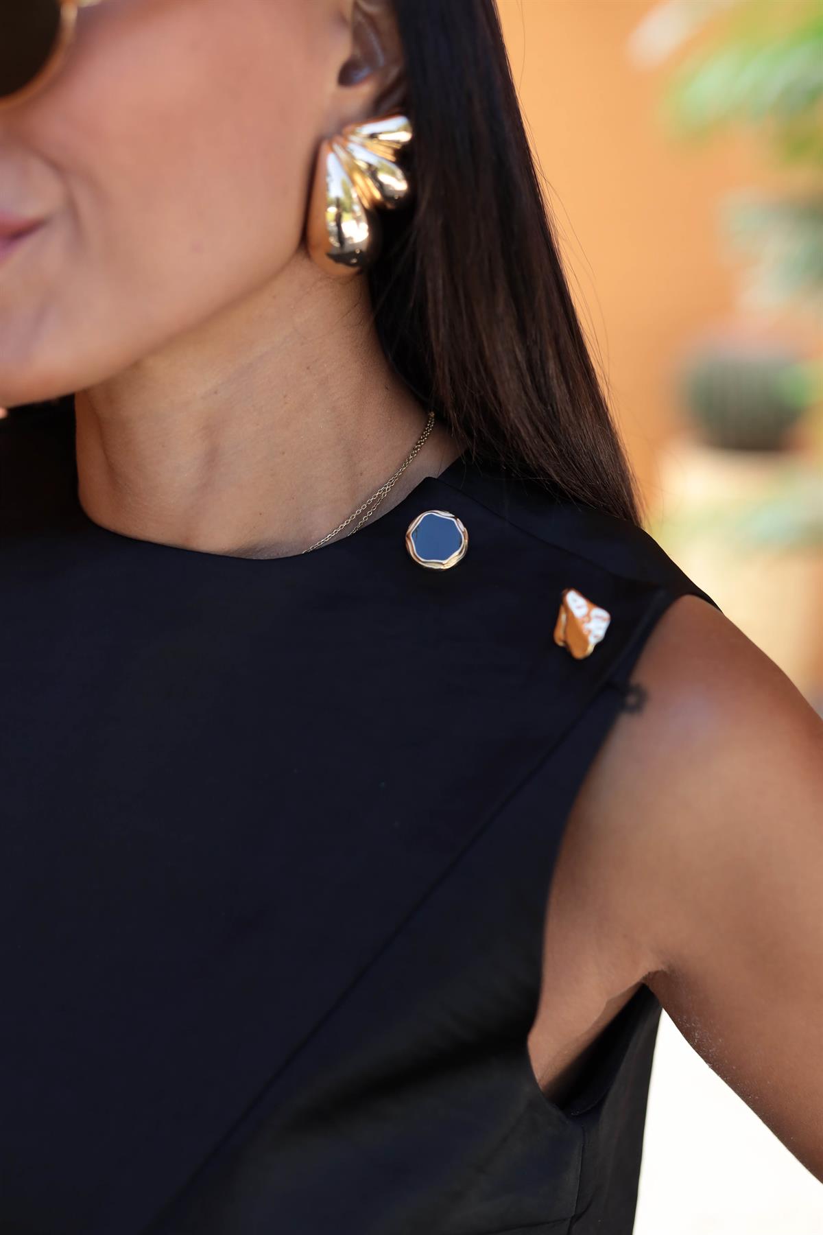 7028 Kemerli Gold Düğmeli İpek Saten Takım SİYAH