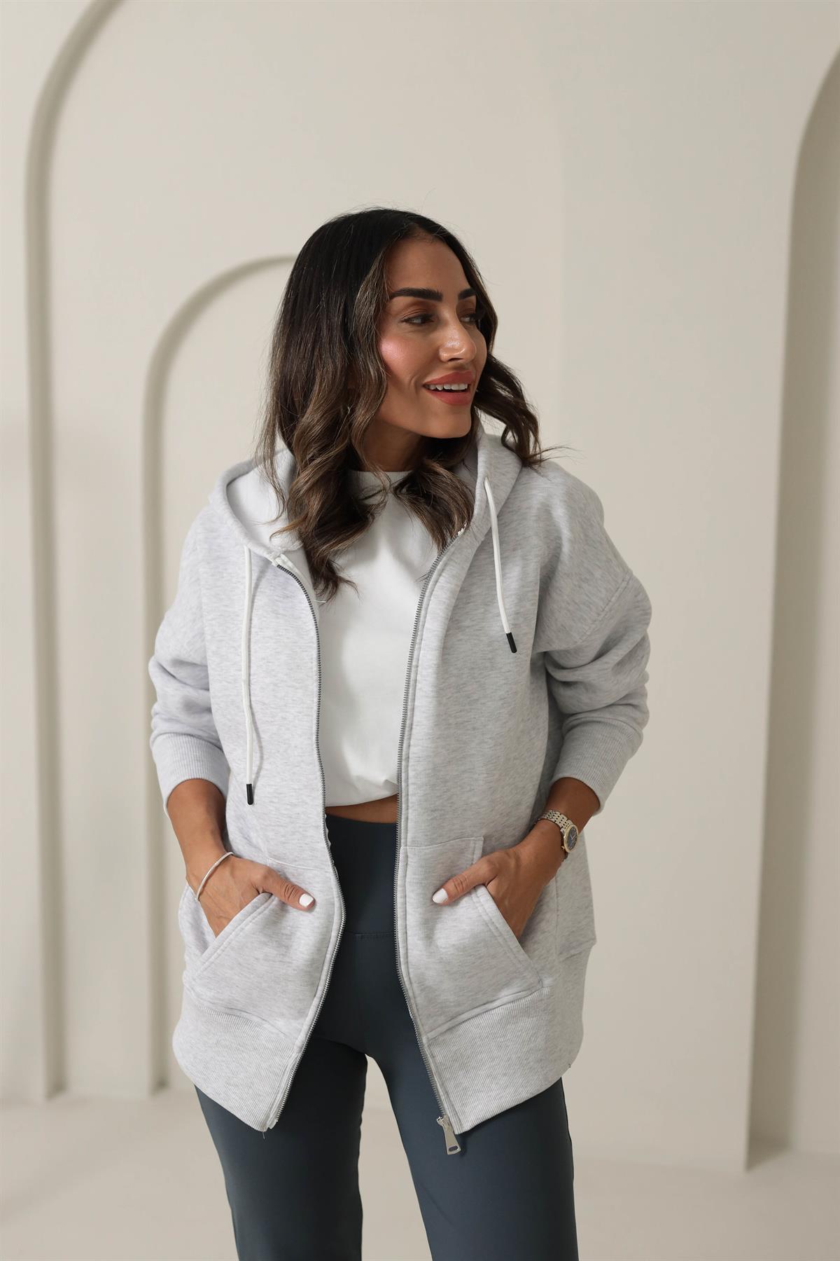 0068 Kapşonlu Fermuarlı Sweatshirt GRİ
