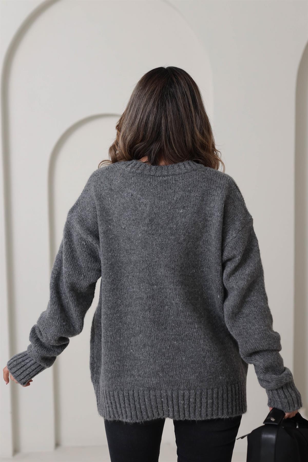 Bisiklet Yaka Dokulu Kazak GRİ