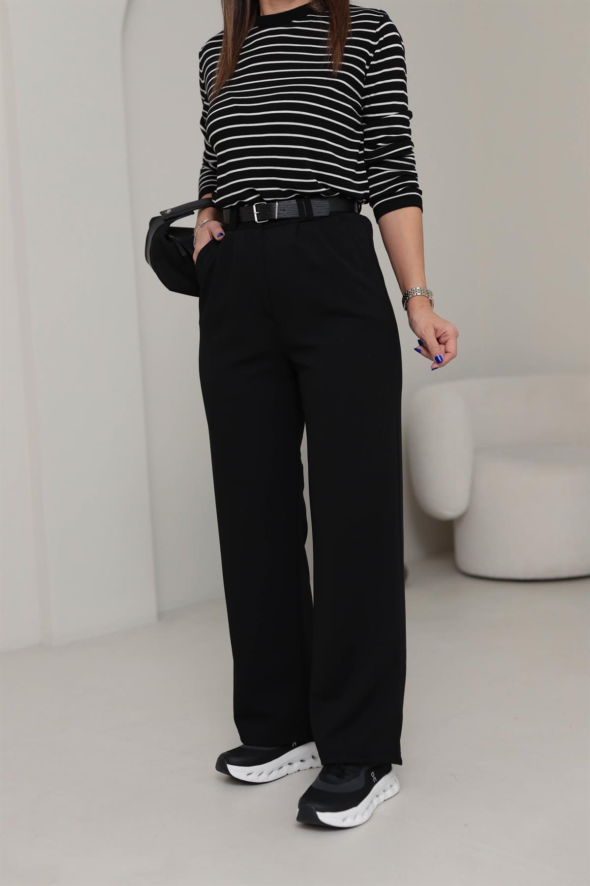 3851 Çift Pile Detaylı Kemerli Palazzo Pantolon SİYAH