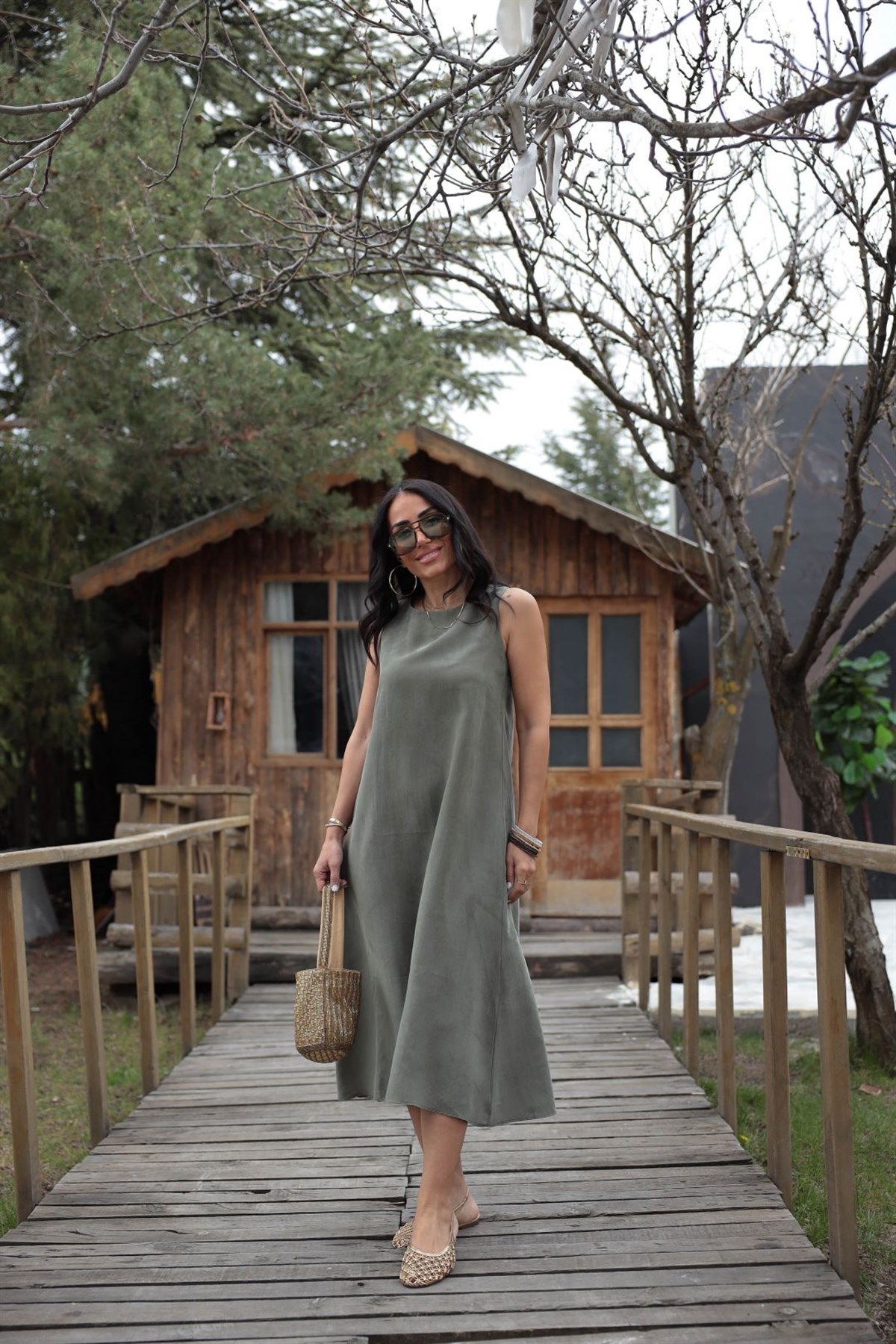 5007 Sıfır Kol Tencel Uzun Elbise HAKİ YEŞİL