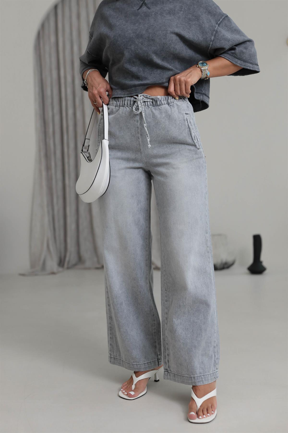 D800 Beli Lastikli Geniş Paça Jean Pantolon GRİ