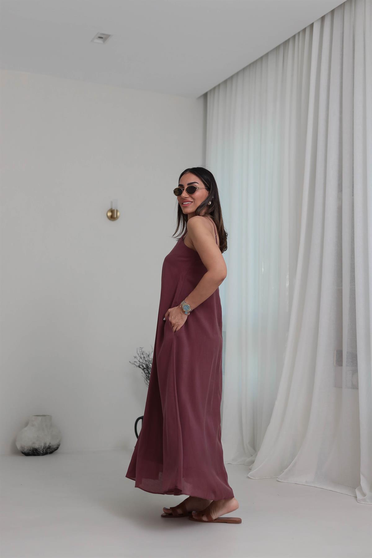 3227 Askılı Kare Yaka Maxi Tencel Elbise BORDO