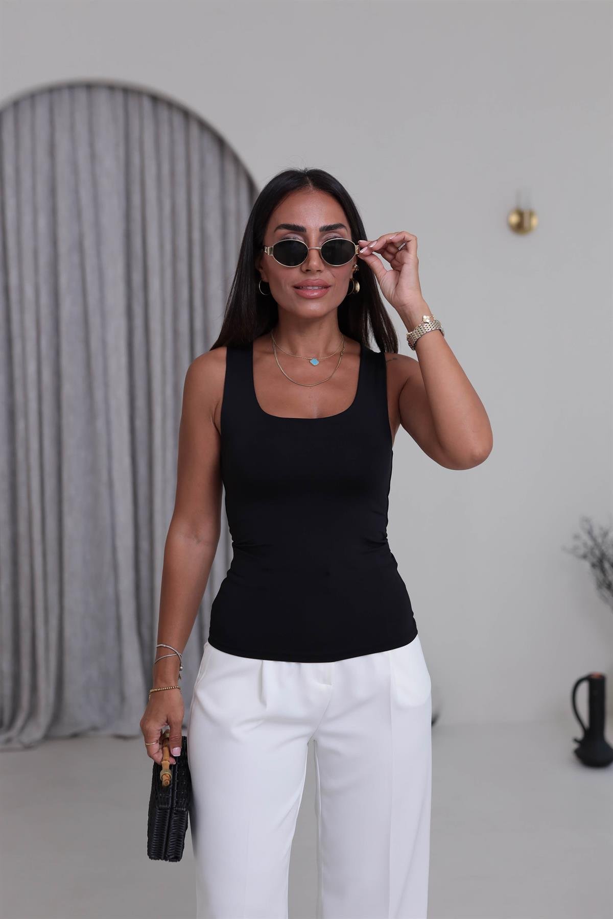 015 Kalın Askılı Çift Kat Poliamid Atlet SİYAH