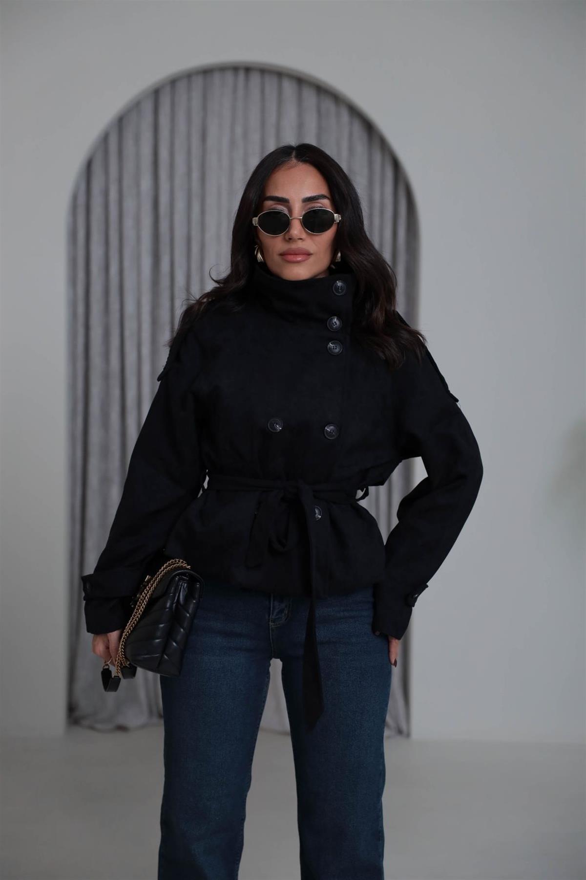 8437 Dik Yaka Kuşaklı Süet Ceket SİYAH