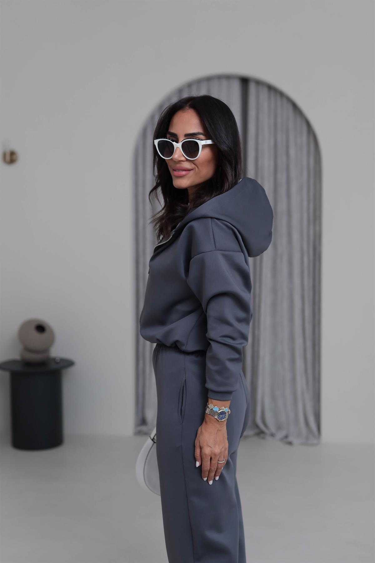 4202 Kapşonlu Büzgü Detay Scuba Takım ANTRASİT