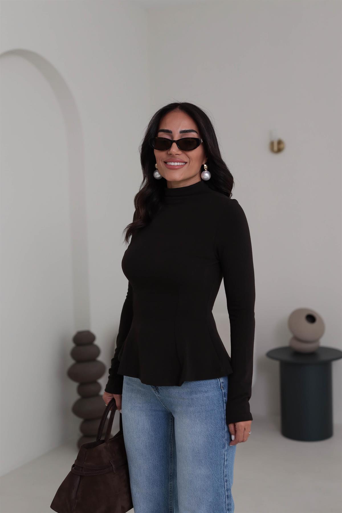 2038 Uzun Kollu Peplum Bluz ACI KAHVE