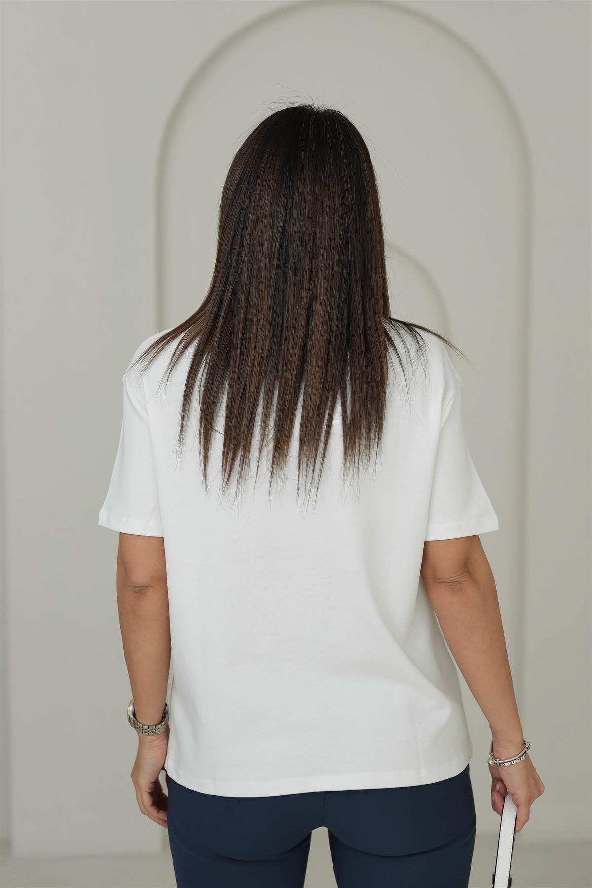 7878 Tedy Baskılı Bisiklet Yaka Tshirt BEYAZ