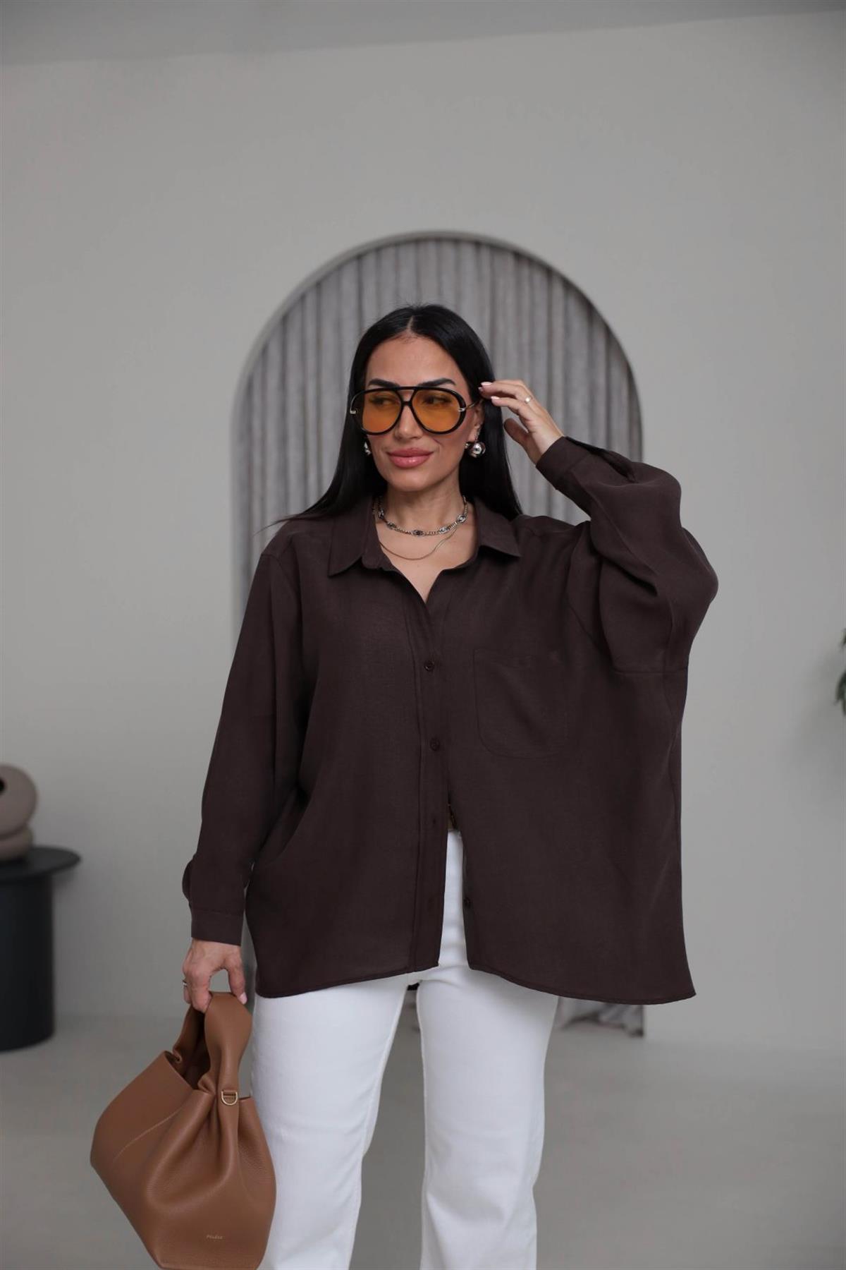 8454 Düşük Omuz Salaş Gömlek KAHVE