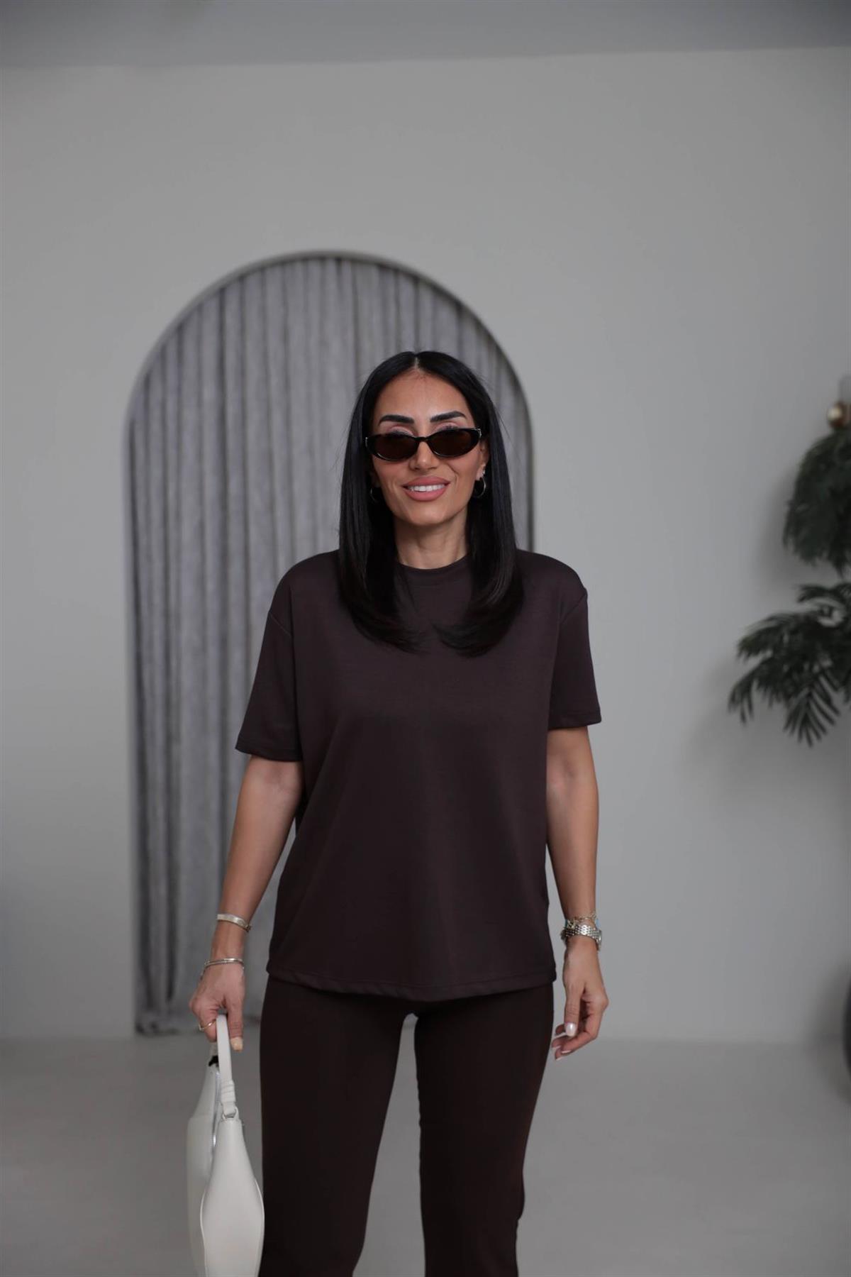 T906 Bisiklet Yaka Oversize Modal Tshirt ACI KAHVE