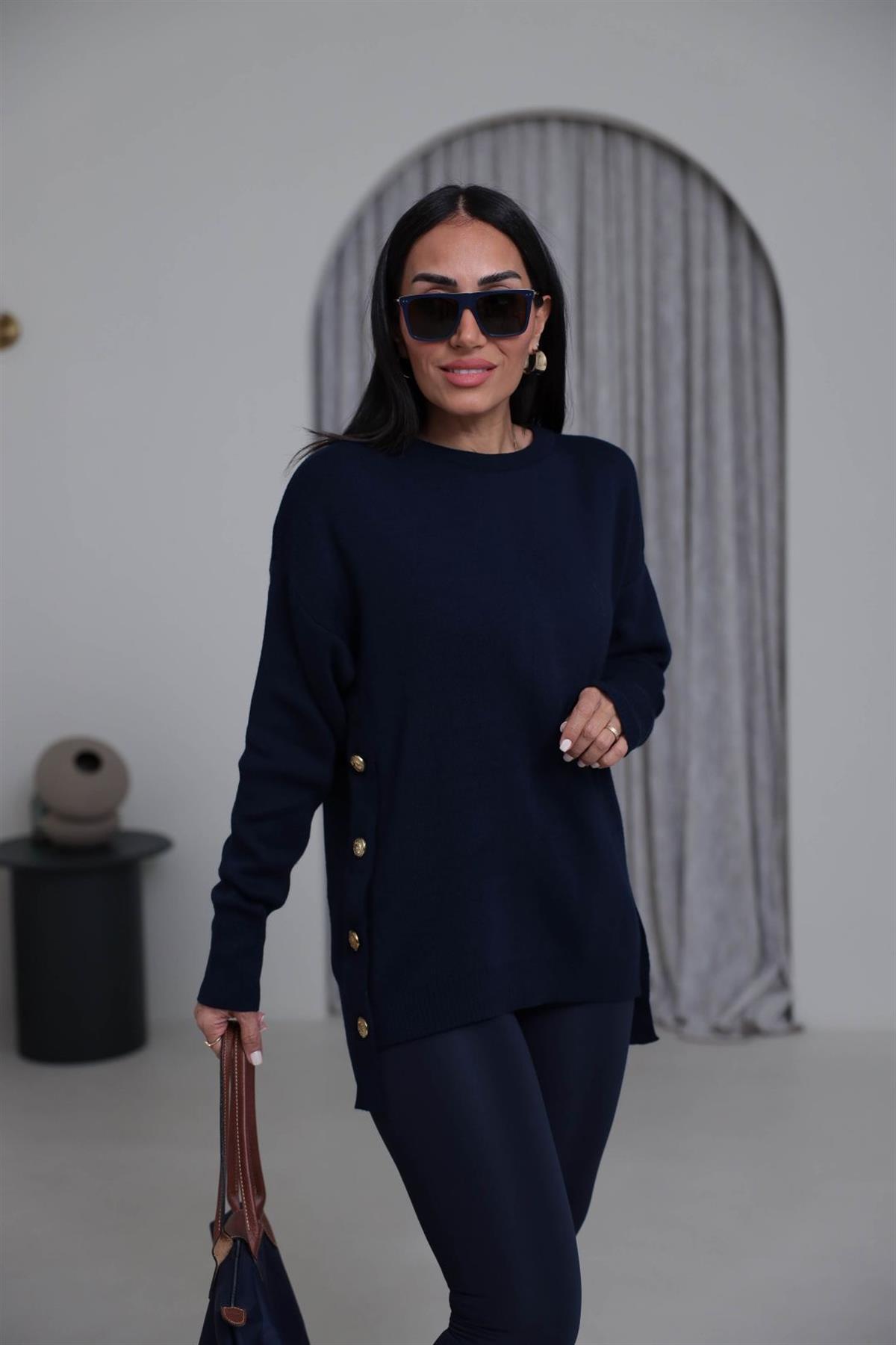 0184K Yanları Gold Düğmeli Uzun Triko Kazak LACİVERT